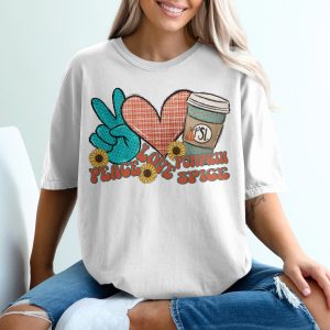 Peace Love Pumpkin Spice T-Shirt, Fall T-Shirt, Autumn Shirt, PSL Shirt, Coffee Lover Shirt, Seasonal Apparel, Trendy T-Shirt
