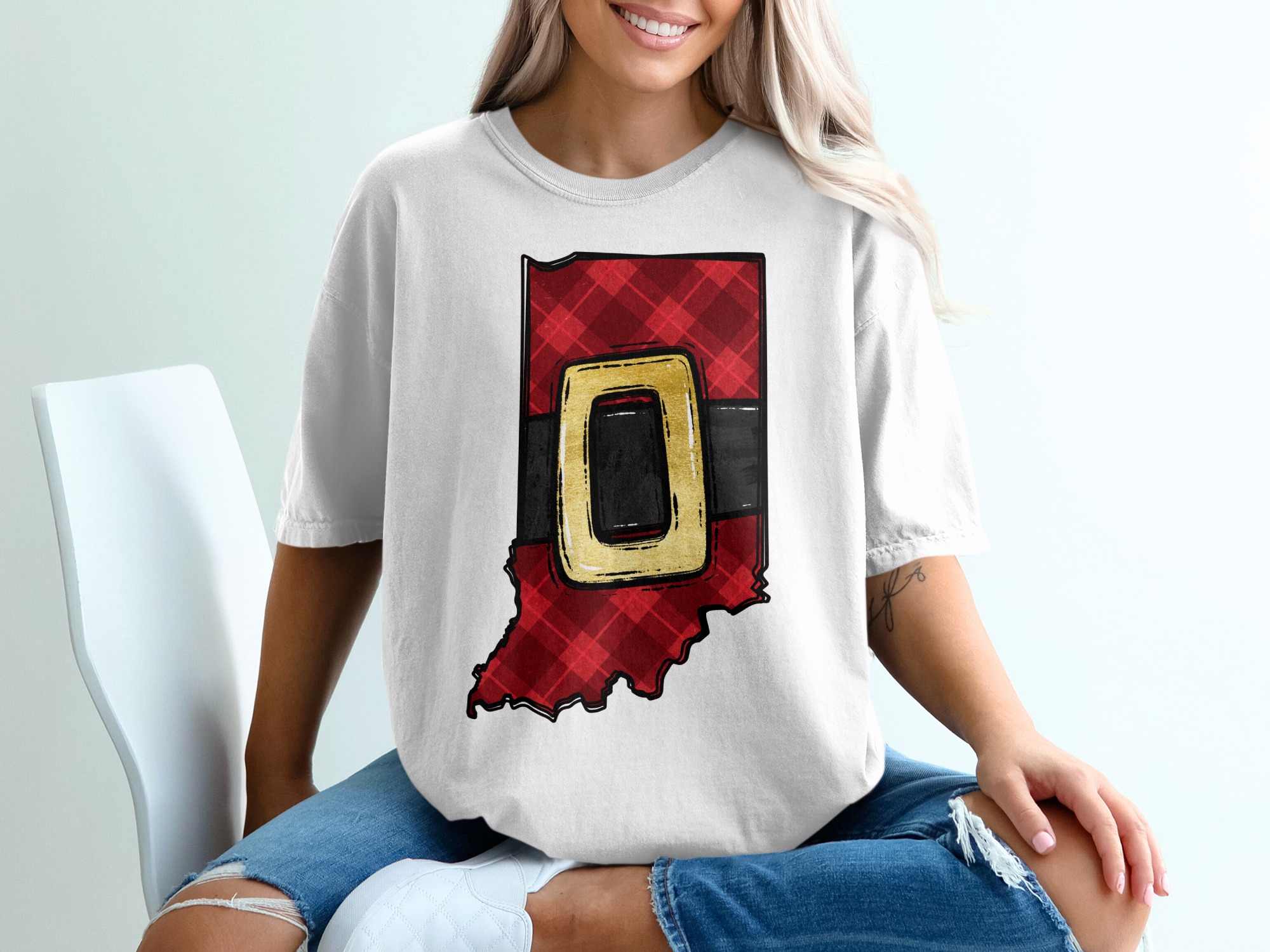 Indiana Christmas T Shirt, State Plaid Tee, Santa Belt Design, Holiday Gift Idea, Festive Apparel, Indiana Pride Shirt