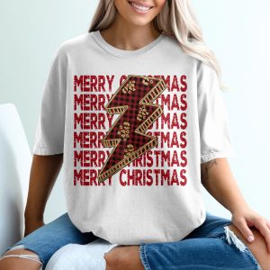 Merry Christmas T-Shirt, Plaid Lightning Bolt, Holiday Tee, Festive Christmas Design, Graphic Tee, Holiday Apparel, Christmas Outfit