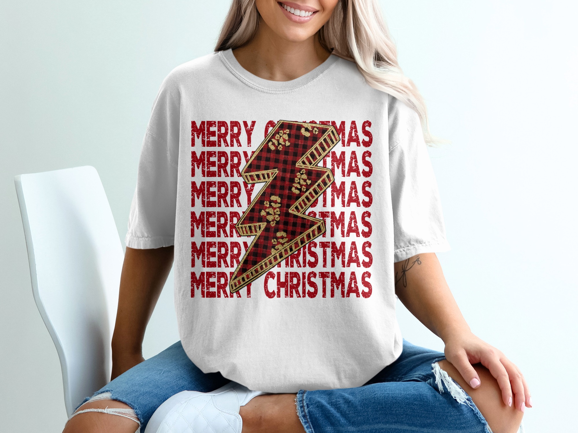 Merry Christmas T-Shirt, Plaid Lightning Bolt, Holiday Tee, Festive Christmas Design, Graphic Tee, Holiday Apparel, Christmas Outfit