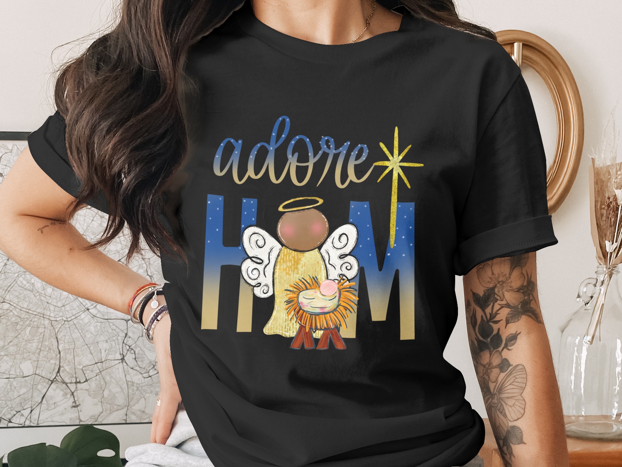 Adore Him Nativity Sublimation Digital Download DTF PNG, Angel Christmas Holiday Printable Design, Christian Xmas Decor, Cute Baby Jesus - Image 2