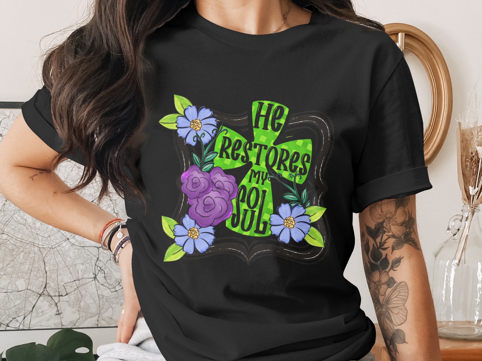 He Restores My Soul Sublimation Digital Download, DTF PNG, Christian Floral Design, Faith Graphic, Religious Artwork, Printable Art - Image 2
