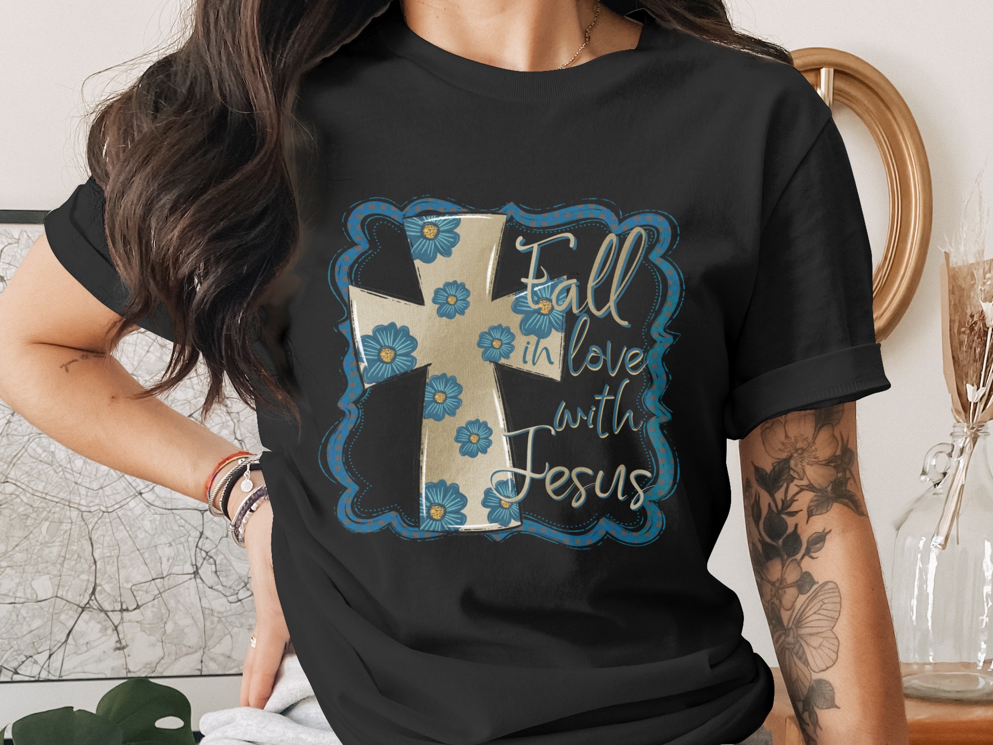 Fall in Love with Jesus Sublimation Digital Download, Floral Cross PNG, Christian DTF, Faith Design, Religious Graphic, Digital Art Print - Image 2