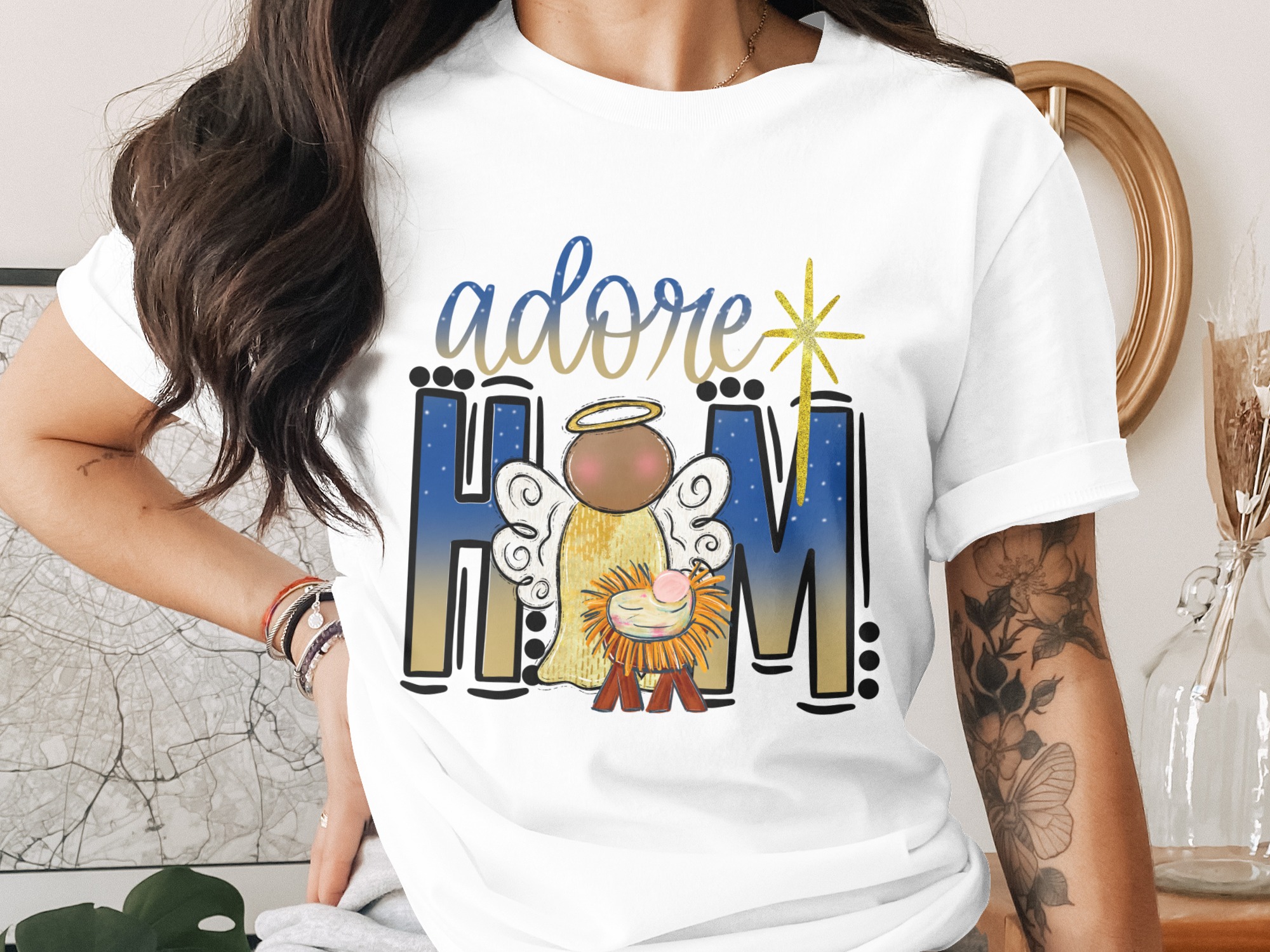 Adore Him Nativity Sublimation Digital Download DTF PNG, Angel Christmas Holiday Printable Design, Christian Xmas Decor, Cute Baby Jesus