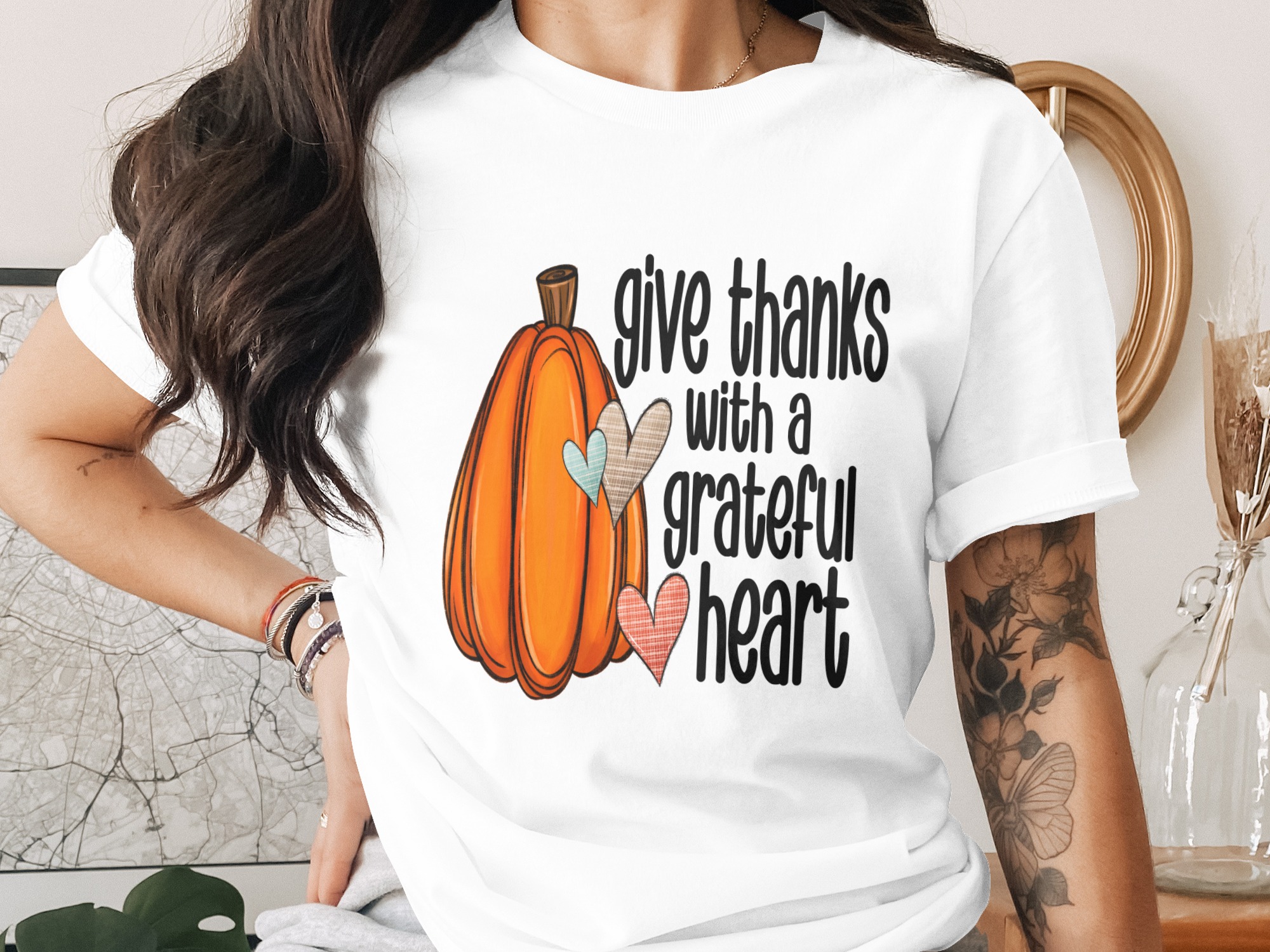 Give Thanks Pumpkin Hearts Sublimation Digital Download, Fall DTF PNG, Thanksgiving Clipart, Grateful Heart, Autumn Graphic