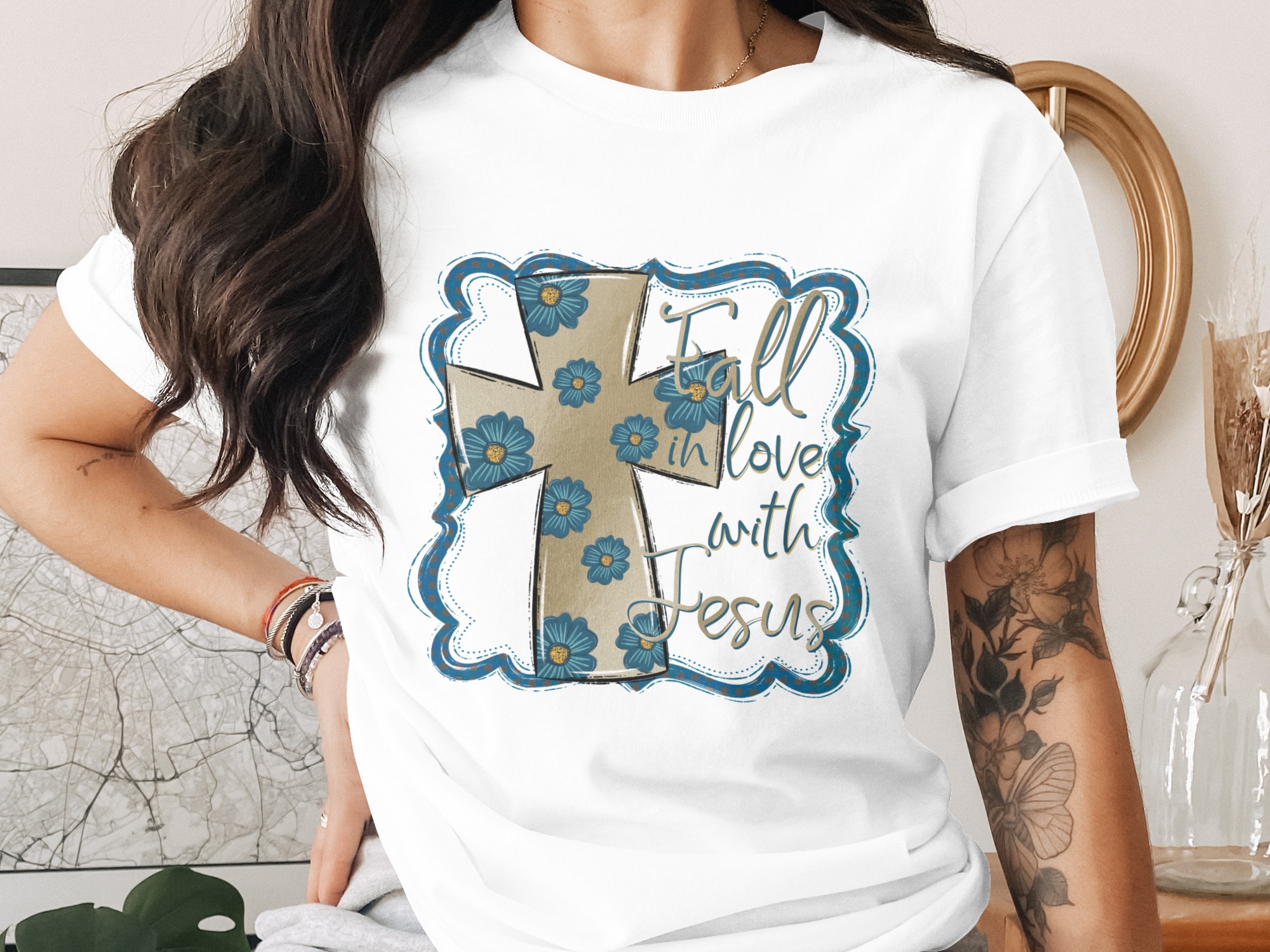 Fall in Love with Jesus Sublimation Digital Download, Floral Cross PNG, Christian DTF, Faith Design, Religious Graphic, Digital Art Print