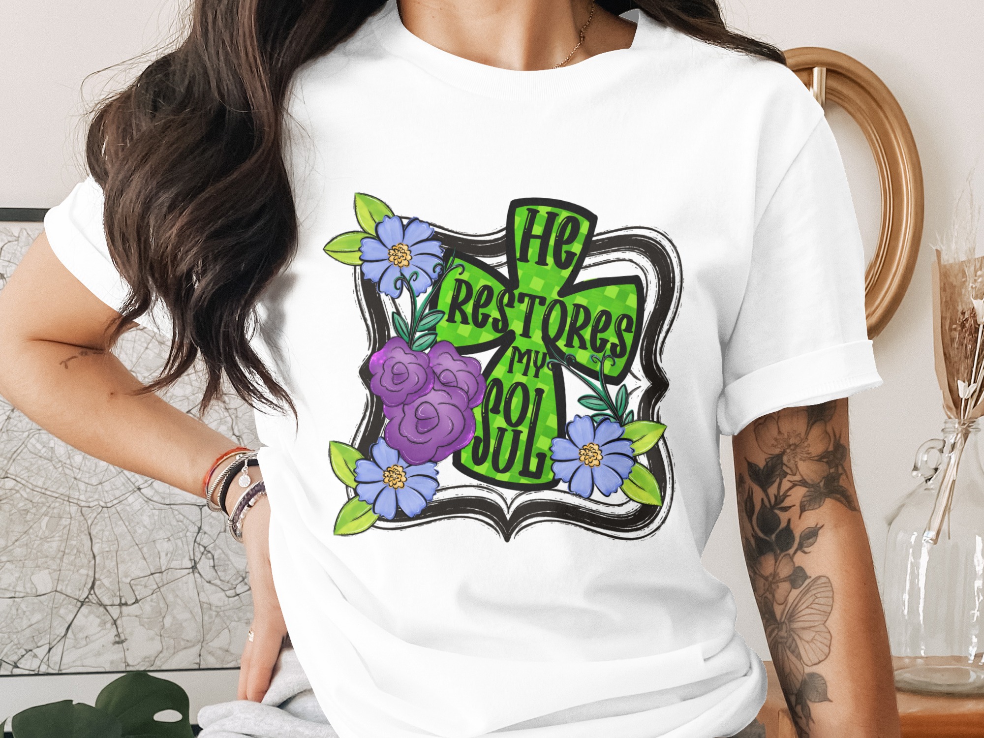 He Restores My Soul Sublimation Digital Download, DTF PNG, Christian Floral Design, Faith Graphic, Religious Artwork, Printable Art