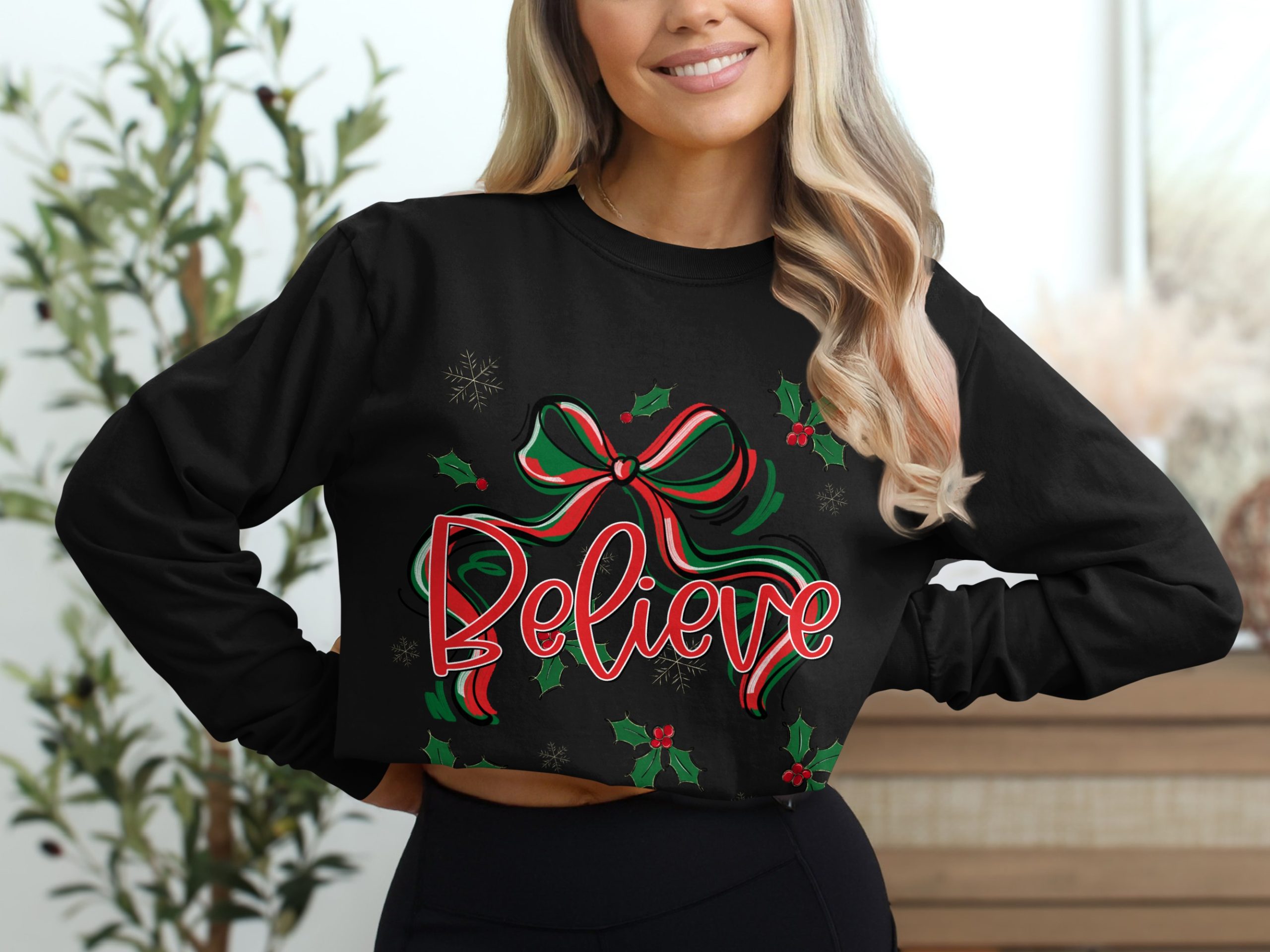 Believe Christmas Long Sleeve T-Shirt, Holiday Season Shirt, Winter Shirt, Holly and Bow Shirt, Festive Shirt, Gift Idea for Xmas - Image 2