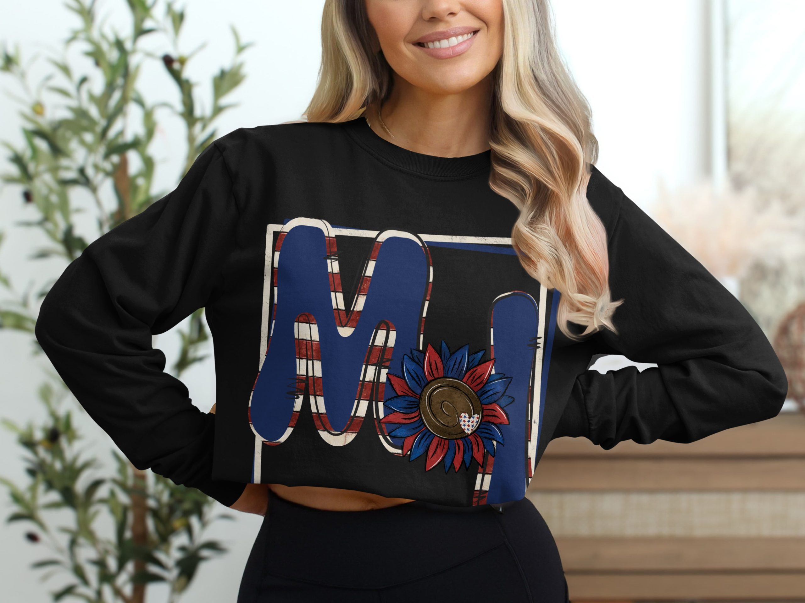 Patriotic Monogram Long Sleeve T-Shirt, American Flag Sunflower Shirt, Independence Day Tee, USA Pride, Custom Initial Shirt - Image 2