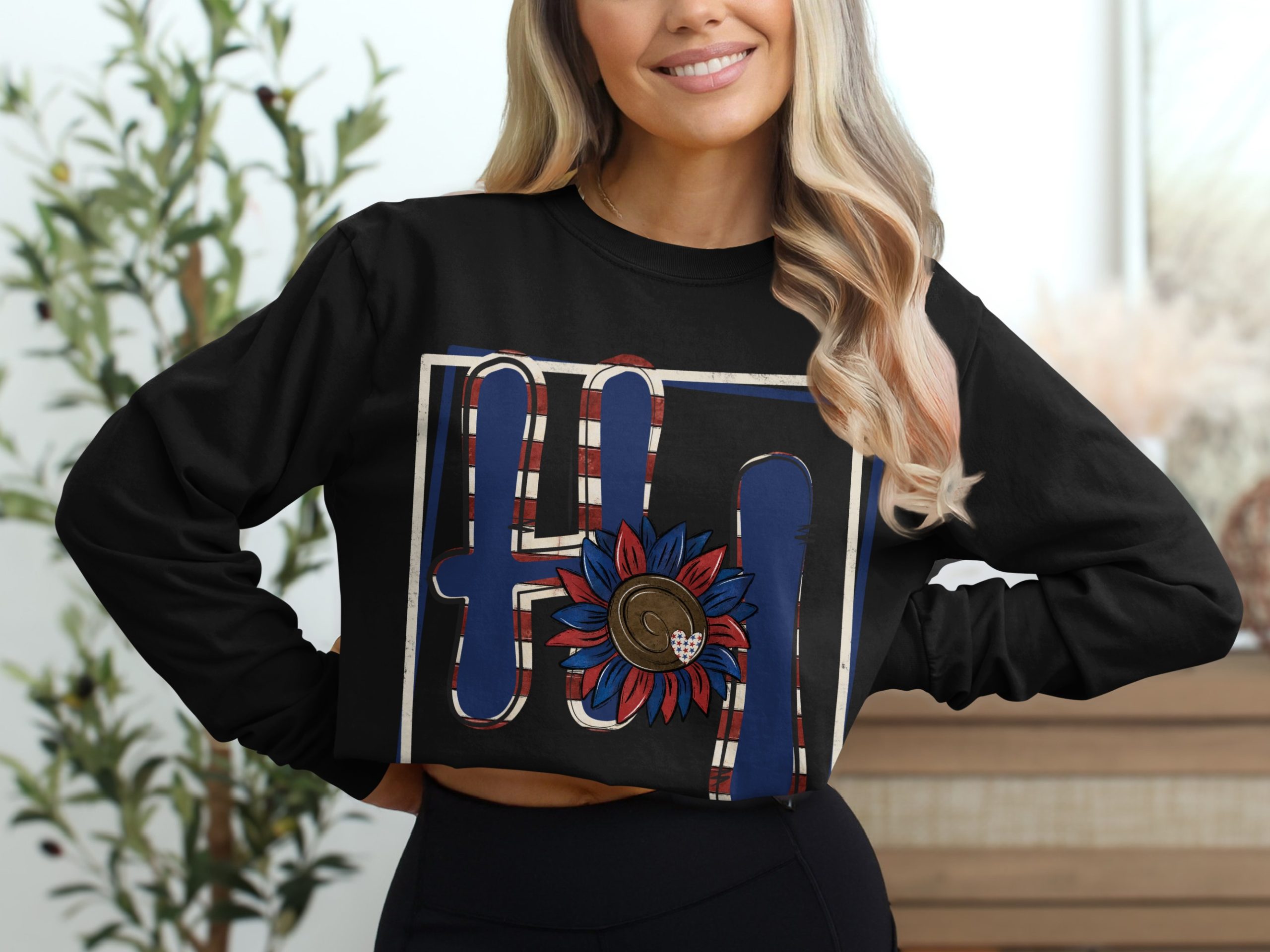 HI Sunflower Long Sleeve T-Shirt, Patriotic USA Graphic Tee, Red White Blue Country Shirt, Summer American Flag Shirt, Gift For Her - Image 2
