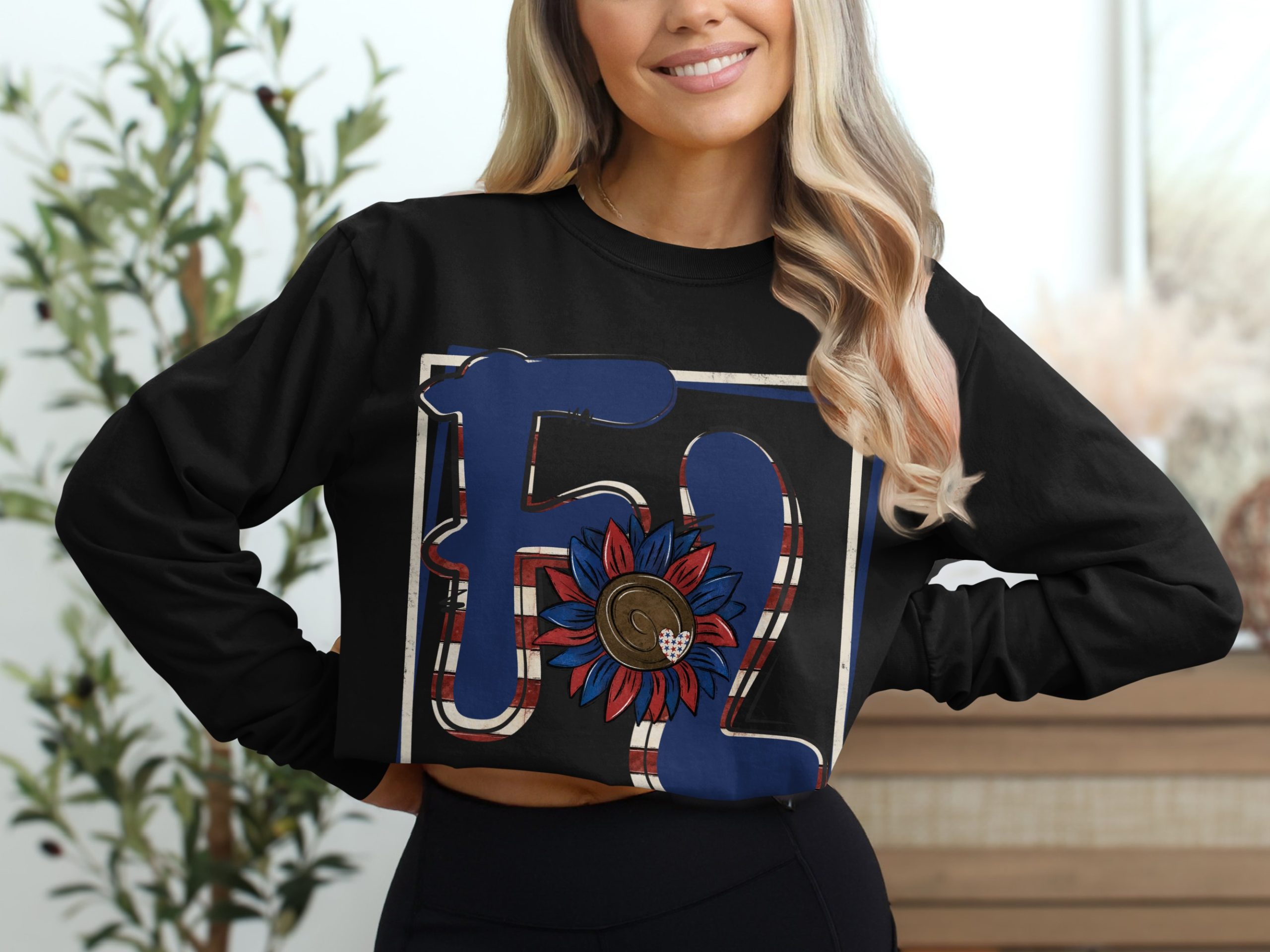 FL Long Sleeve T-Shirt, Patriotic Design, Sunflower Heart, USA Flag Colors, Initial TShirt, Trendy Shirt, Gift Idea, Family Matching - Image 2