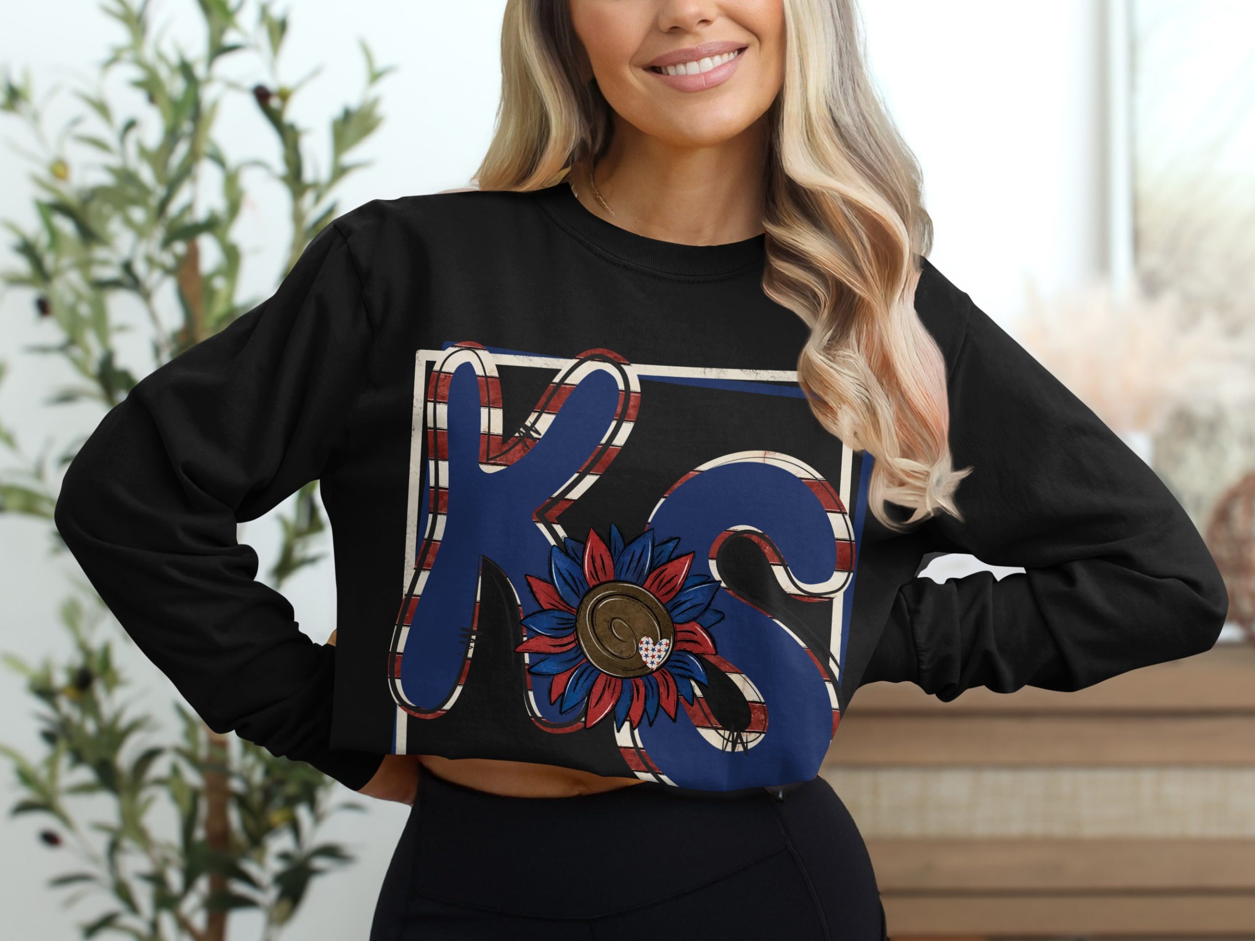 KS Sunflower Long Sleeve T-Shirt, Kansas Pride, Red White Blue, Patriotic Sunflower, State Pride Shirt, Gift for Kansan, USA Design - Image 2