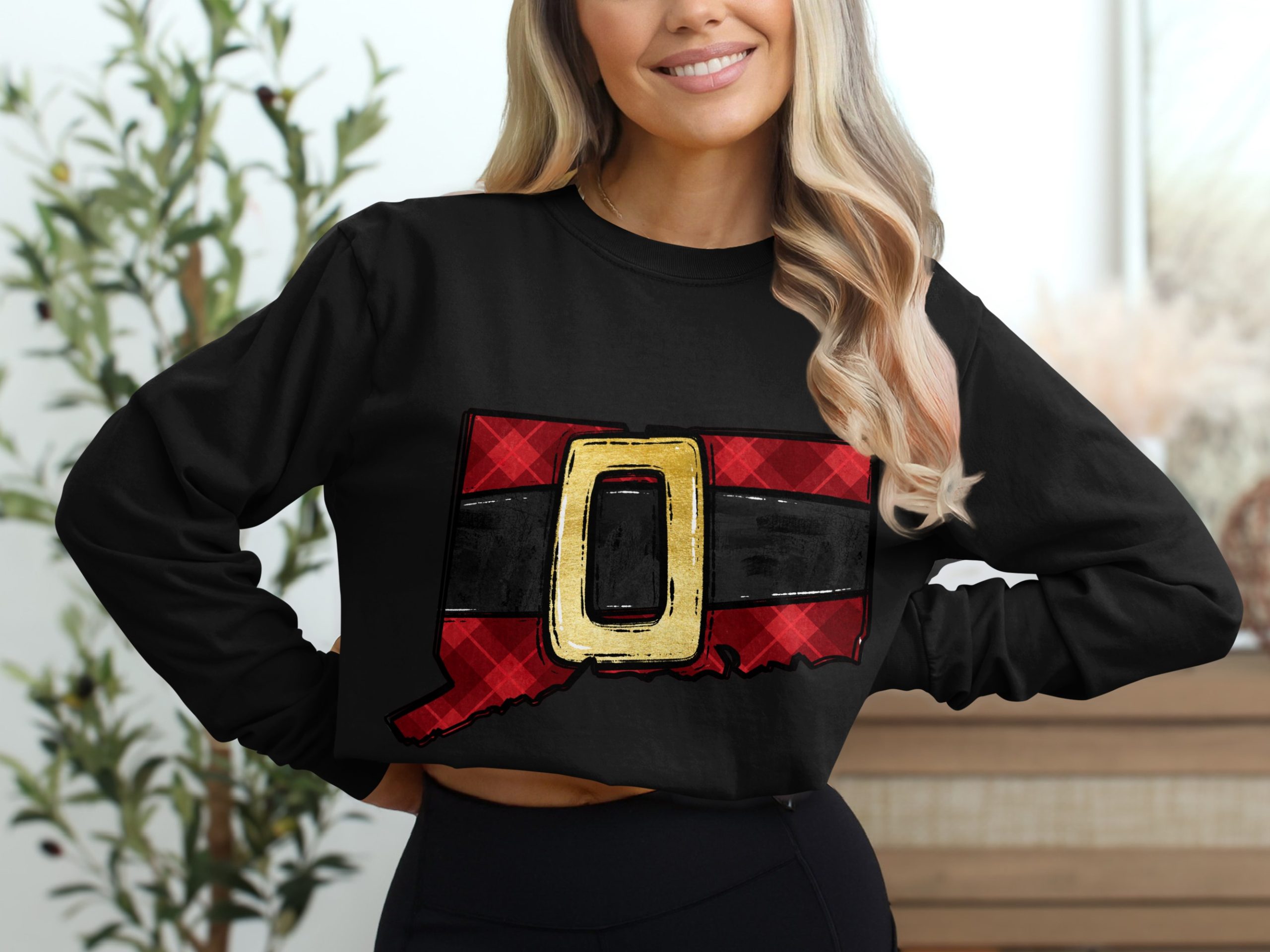 Connecticut Christmas Santa Belt Plaid Long Sleeve T-Shirt, Unique Holiday Spirit Apparel Gift, Cozy Connecticut Festive Shirt - Image 2