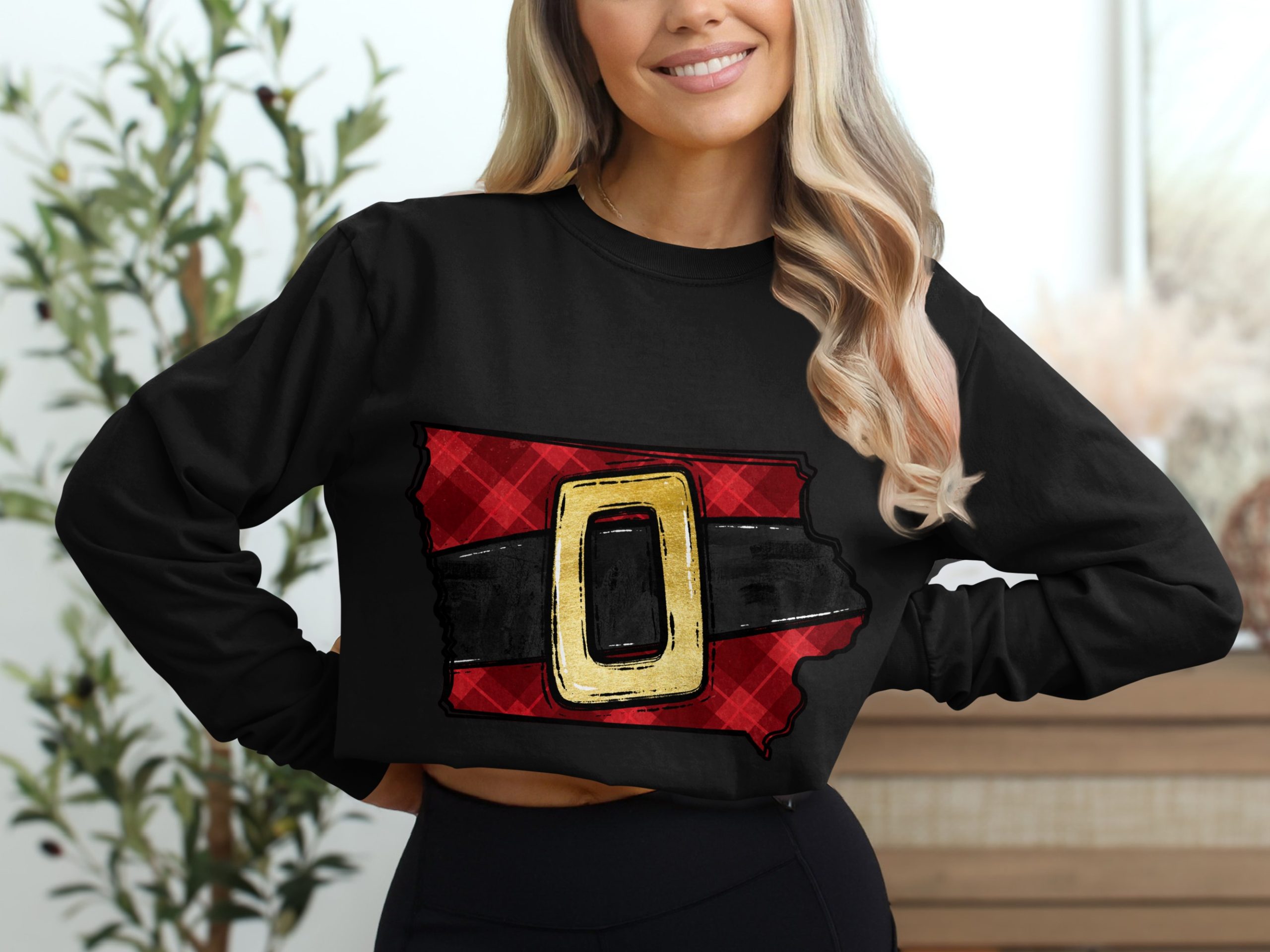 Santa Belt Plaid Design Long Sleeve T-Shirt, Holiday Christmas T-Shirt, Cute Festive Long Sleeve Tee, Unique Christmas Long Sleeve Shirt - Image 2