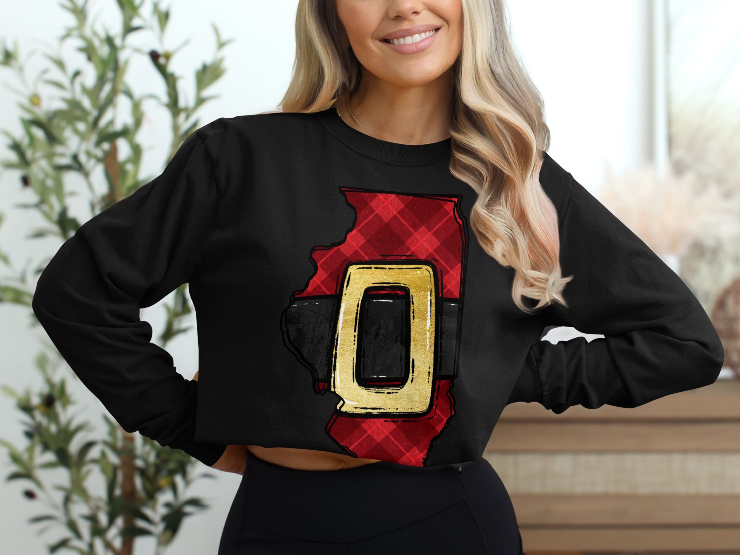 Illinois State Christmas Shirt, Santa Belt Plaid Print Shirt, Holiday Long Sleeve Tee, Unisex Christmas Shirt, Christmas Gift Idea - Image 2