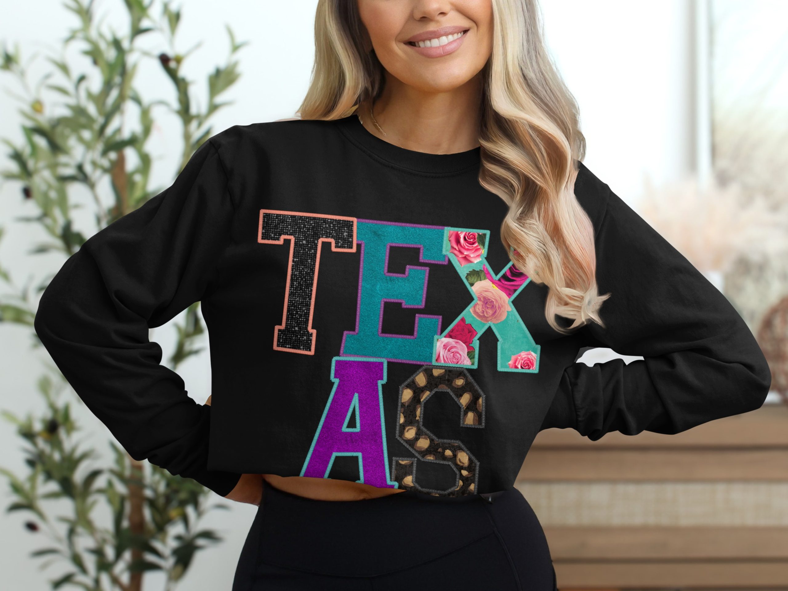 Colorful Texas Letter Long Sleeve T-Shirt, Unique Texas State Shirt, Texas Pride Long Sleeve, Floral Animal Print Texas Tee, Vibrant Texas - Image 2