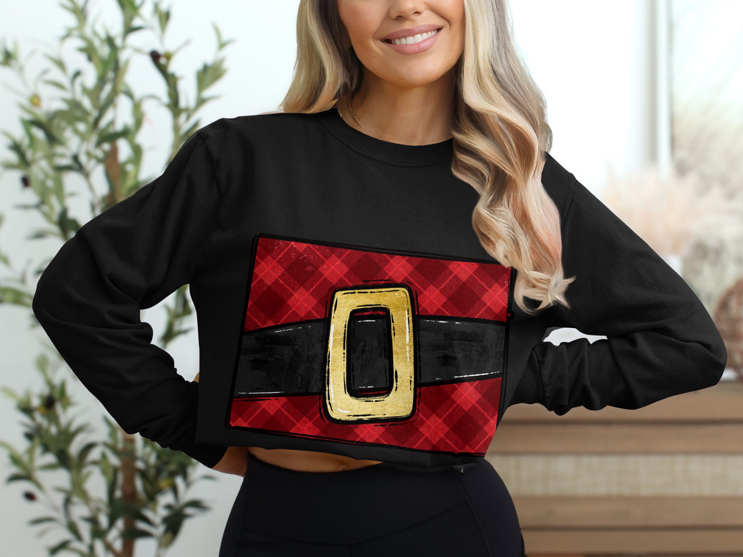 Festive Santa Belt Long Sleeve T-Shirt, Christmas Red Plaid Shirt, Cozy Holiday Apparel, Vintage Holiday Fashion, Fun Seasonal Tee - Image 2