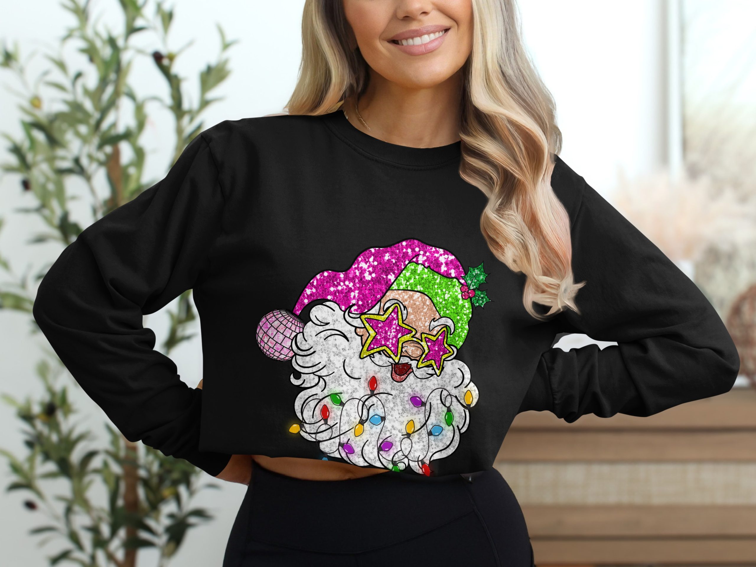 Disco Santa Long Sleeve T-Shirt, Funny Christmas Shirt, Holiday Party Outfit, Star Sunglasses Santa, Festive Santa Shirt, Xmas Long Sleeve - Image 2