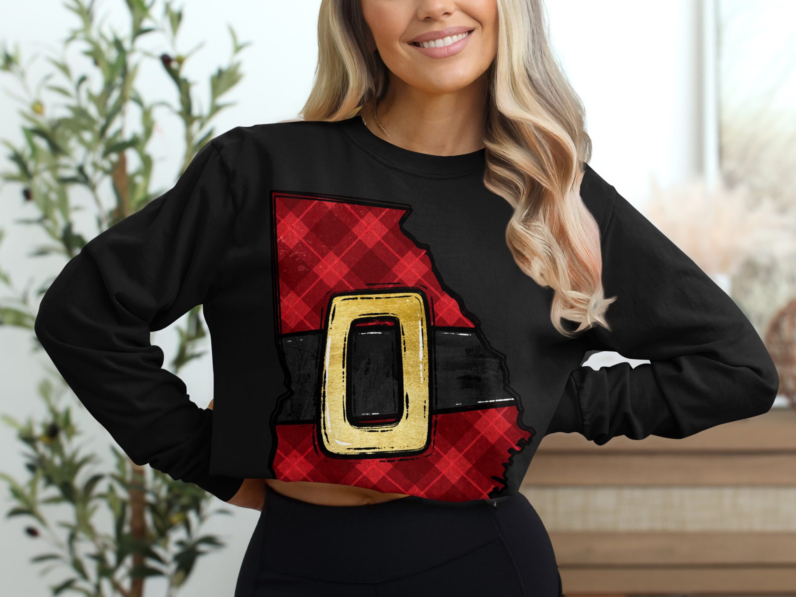 Santa Belt Plaid Georgia State Map Long Sleeve Shirt, Christmas Holiday Georgia Long Sleeve Tee, Festive Santa Belt Plaid T-Shirt - Image 2