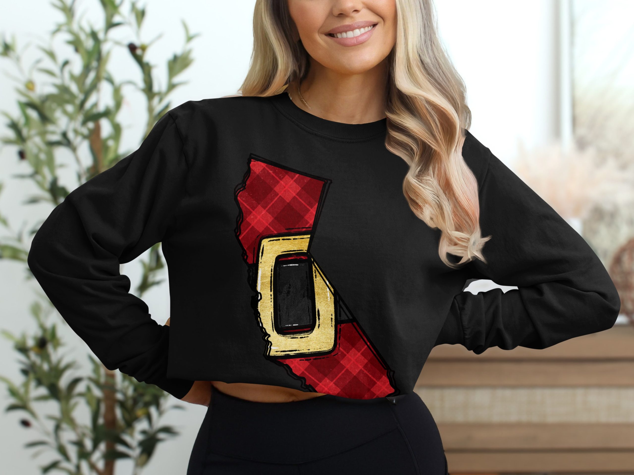 California Red Plaid Long Sleeve T-Shirt, Unique California Map Shirt, Trendy State Design, Fashionable California Christmas Tee - Image 2