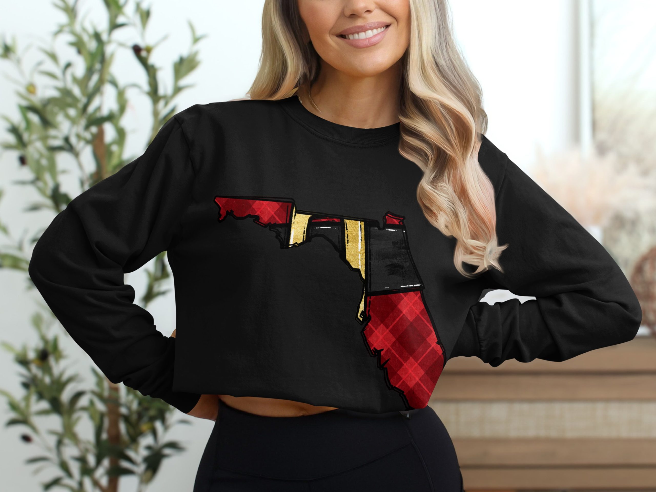 Florida State Map Long Sleeve T-Shirt, Plaid Pattern Florida Shirt, Unique Florida Gift Shirt, Comfy Casual Florida Tee, Fun Graphic Print - Image 2