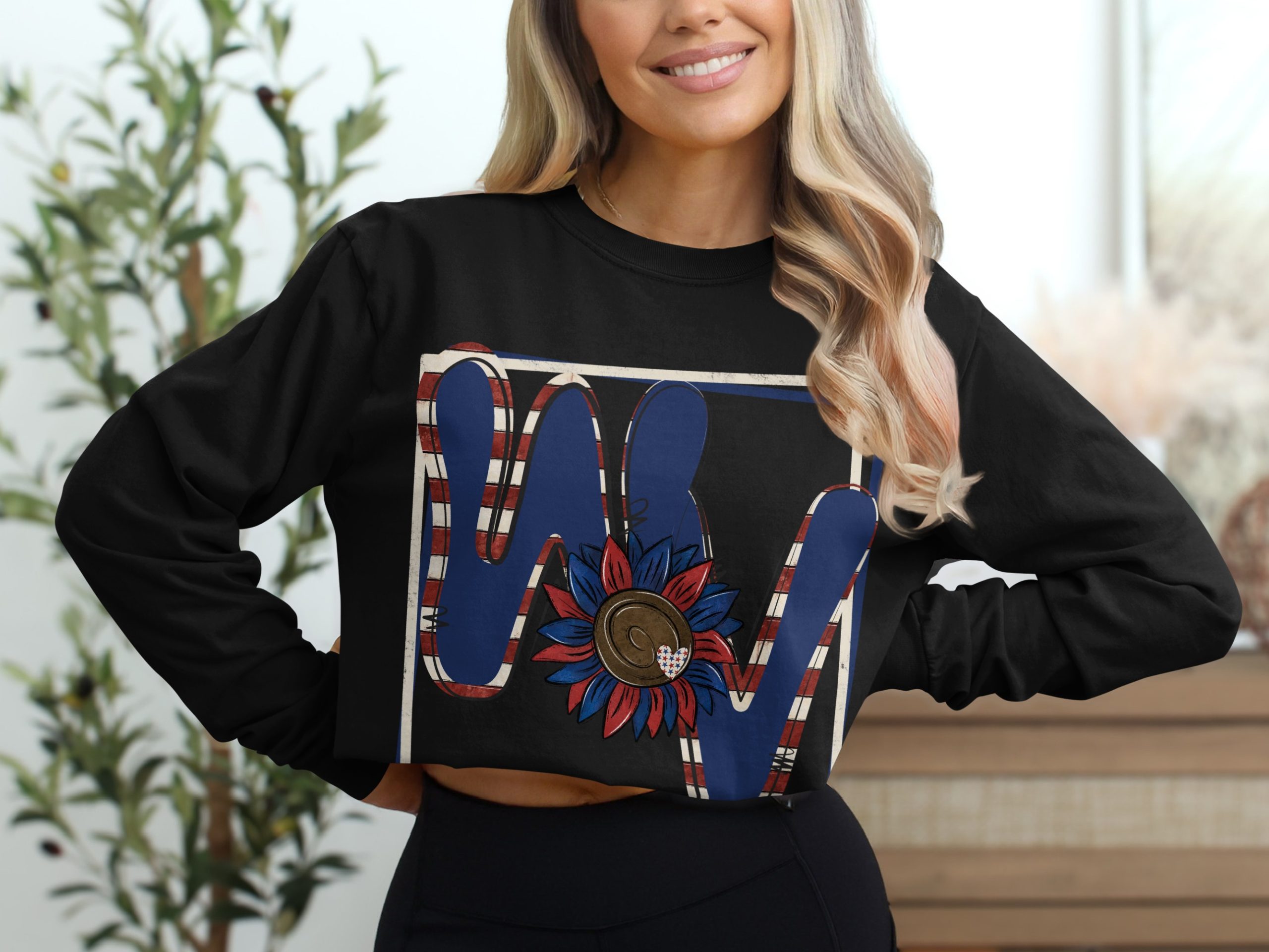 Patriotic Floral Long Sleeve T-Shirt, Unique American Flag Design, Independence Day Outfit, Stylish USA Flower Graphic Tee - Image 2