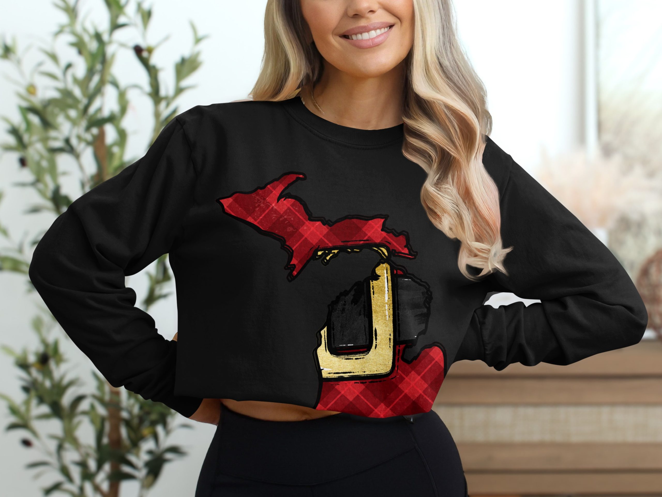 Michigan Plaid Red State Outline Long Sleeve T-Shirt, Unique Michigan Map Design Tee, Upper Peninsula Style Shirt, Michigan Gift - Image 2