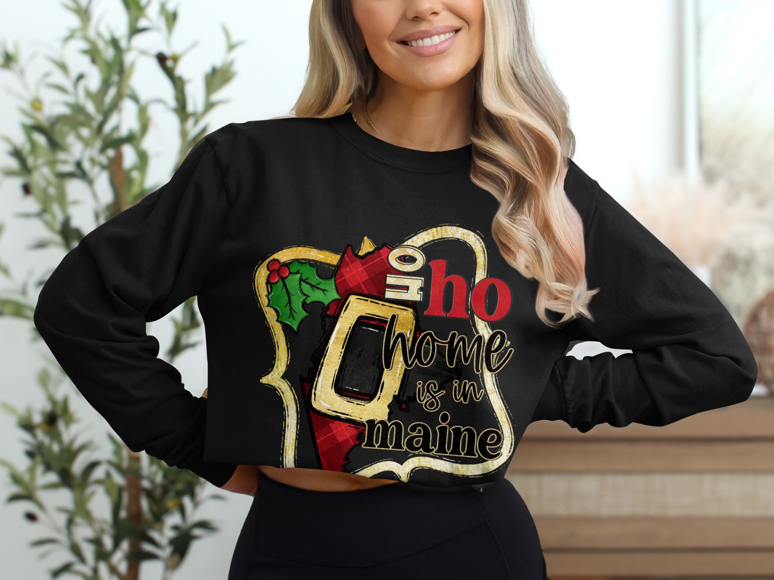 Maine Christmas Long Sleeve T-Shirt, Ho Ho Home, Santa Belt, Maine State Pride, Holiday Gift Idea, Festive Season Apparel - Image 2