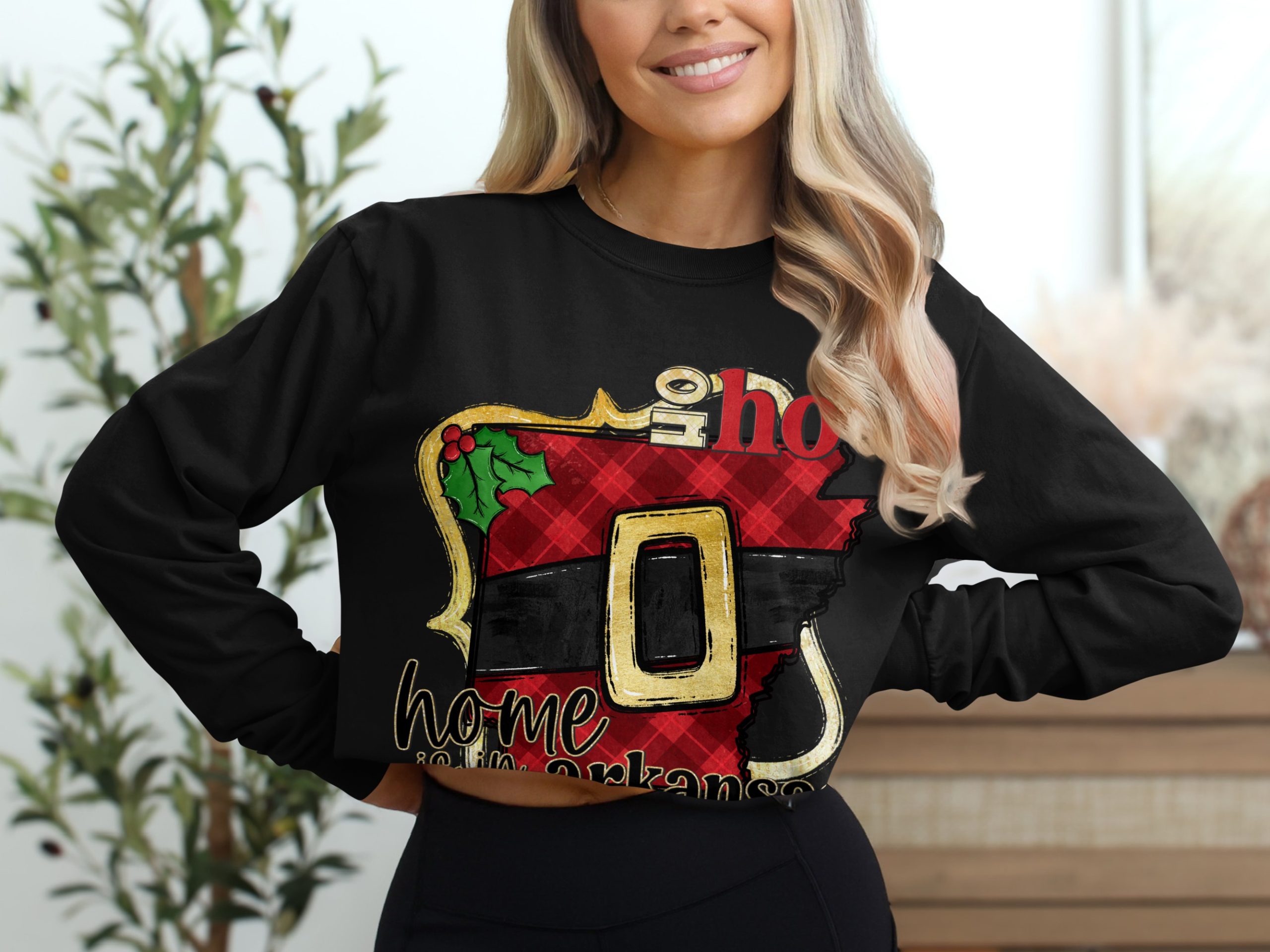 Arkansas Christmas Long Sleeve T-Shirt, Santa Belt State Pride Tee, Home State Holiday Shirt, Ho Ho Home Arkansas Shirt - Image 2