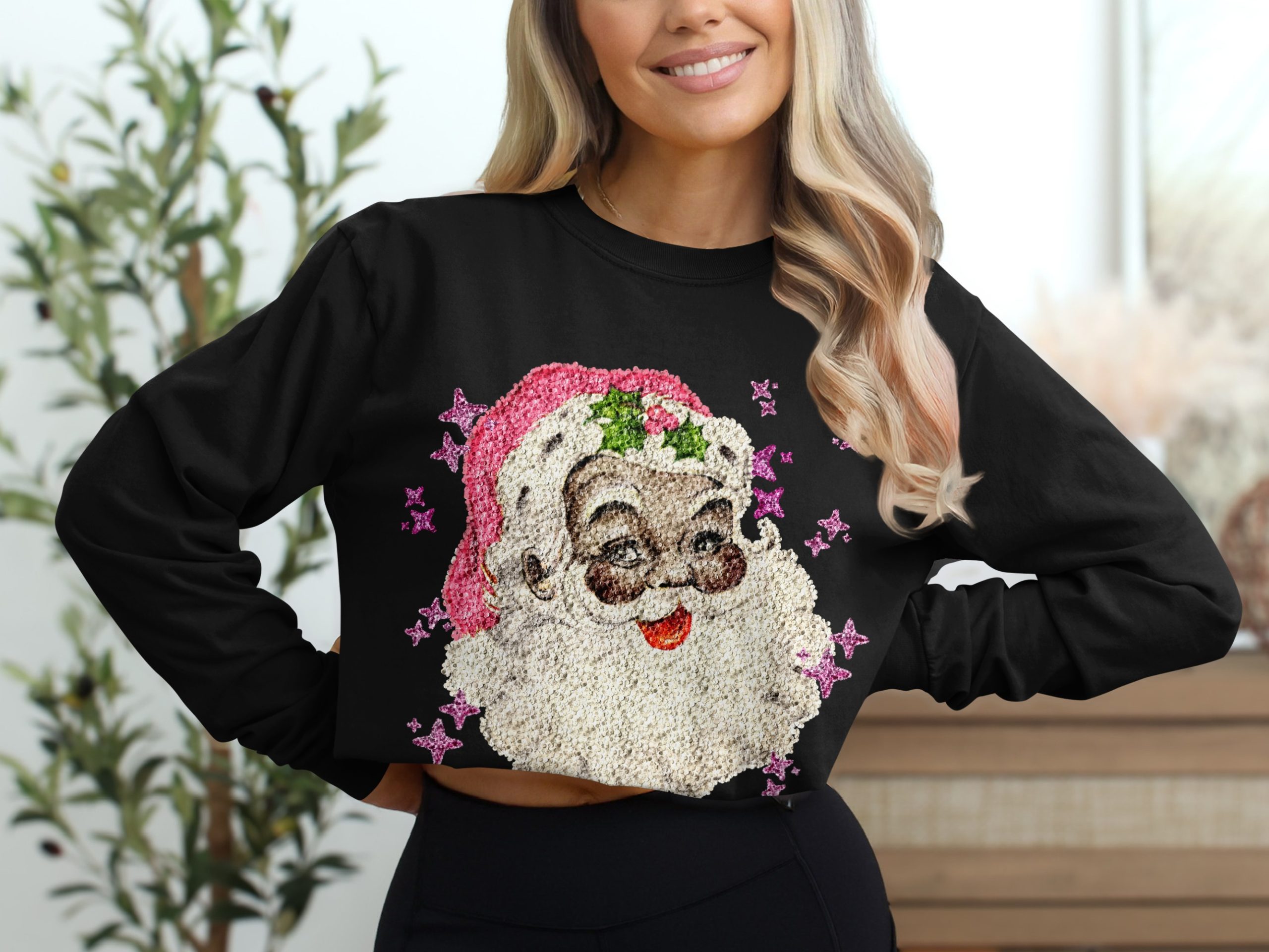 Retro Santa Long Sleeve T-Shirt, Vintage Christmas Tee, Holiday Shirt, Festive Apparel, Santa Claus Design, Sparkly Stars, Xmas Gift Idea - Image 2