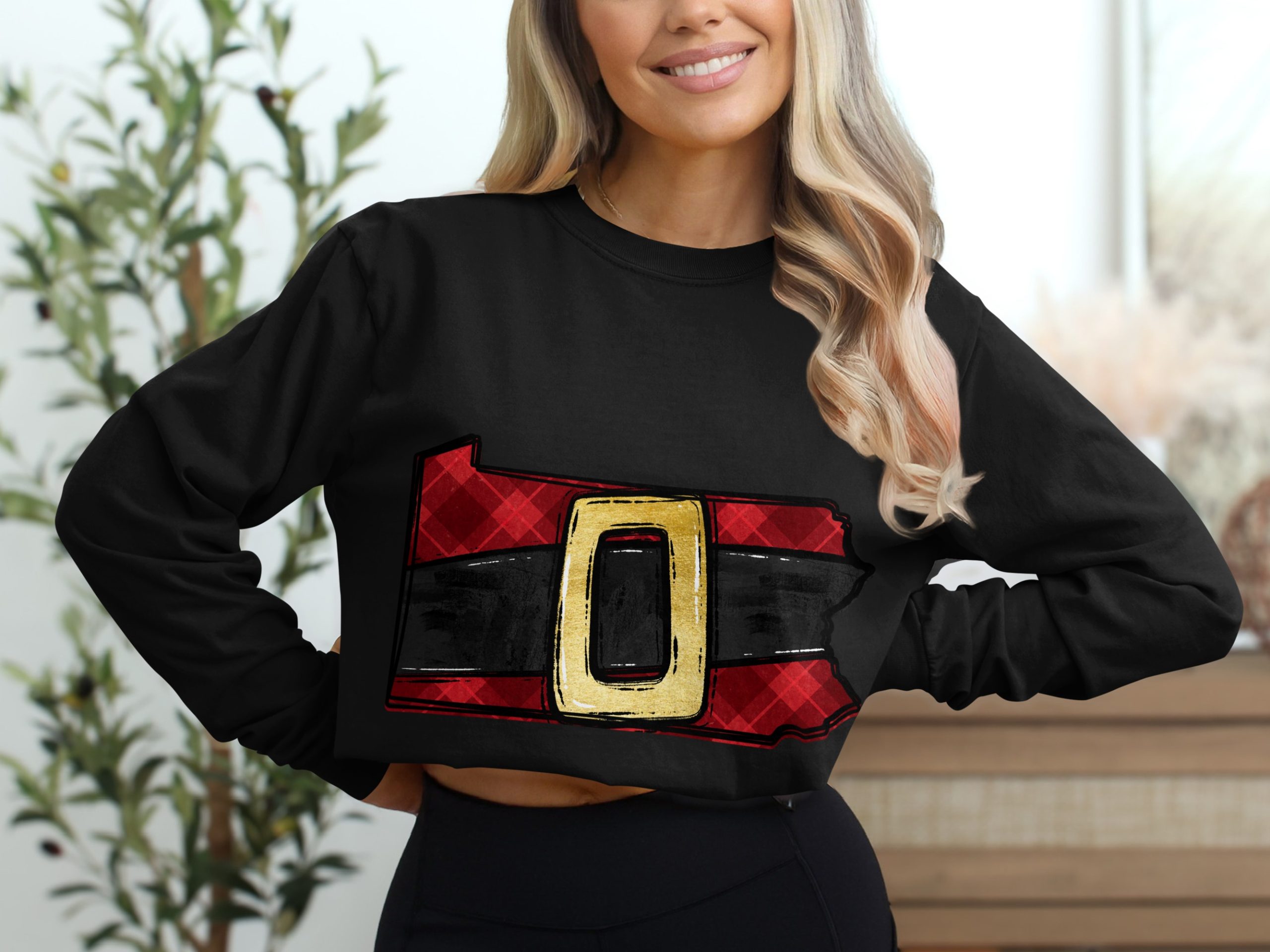 Pennsylvania Santa Belt Long Sleeve T-Shirt, Plaid Holiday Shirt, PA Christmas Gift, State Pride Tee, Festive Winter Apparel - Image 2