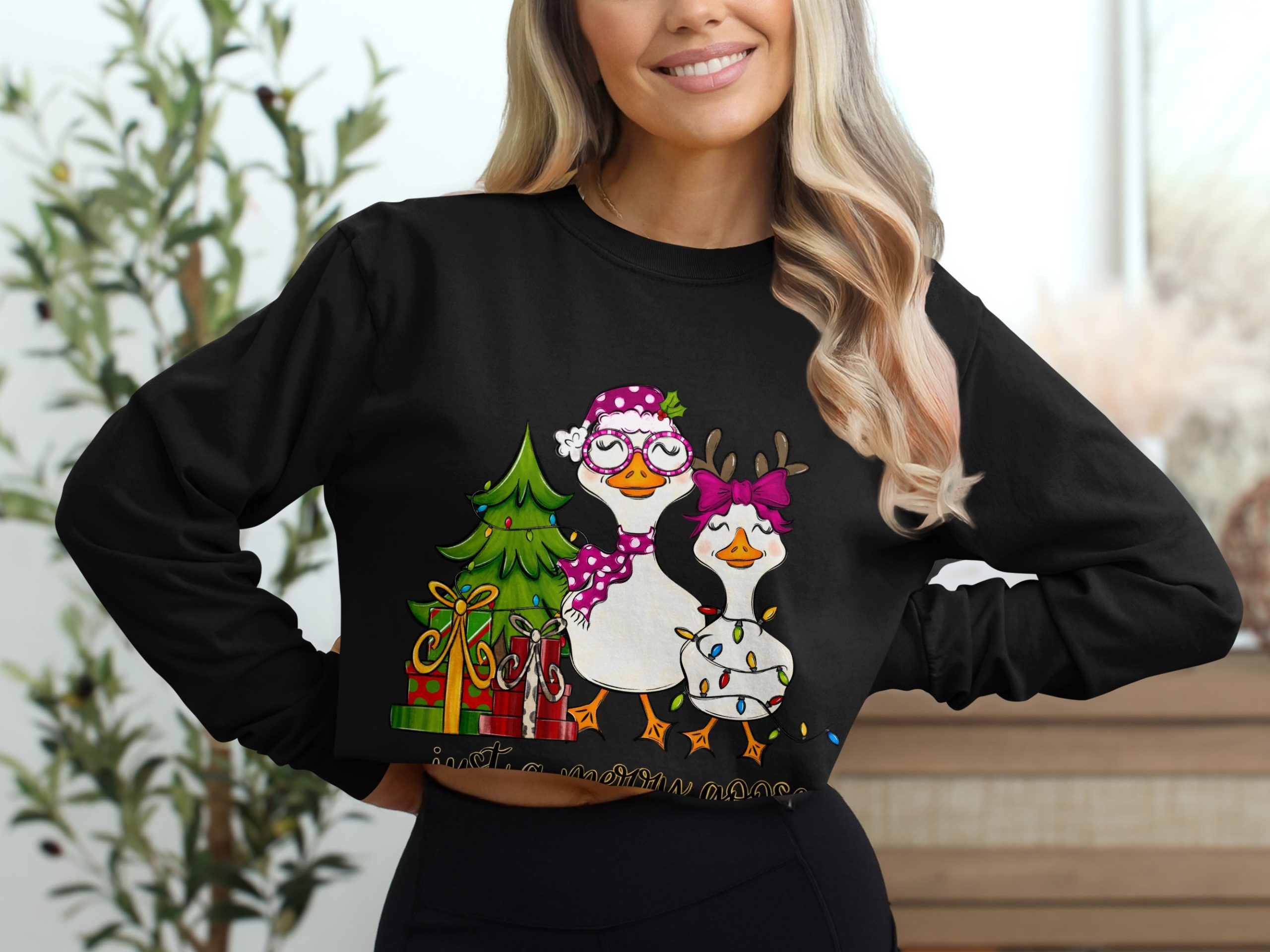 Just a Merry Goose Long Sleeve T-Shirt, Christmas Goose Shirt, Holiday Season Tee, Cute Goose, Animal Long Sleeve Shirt - Image 2
