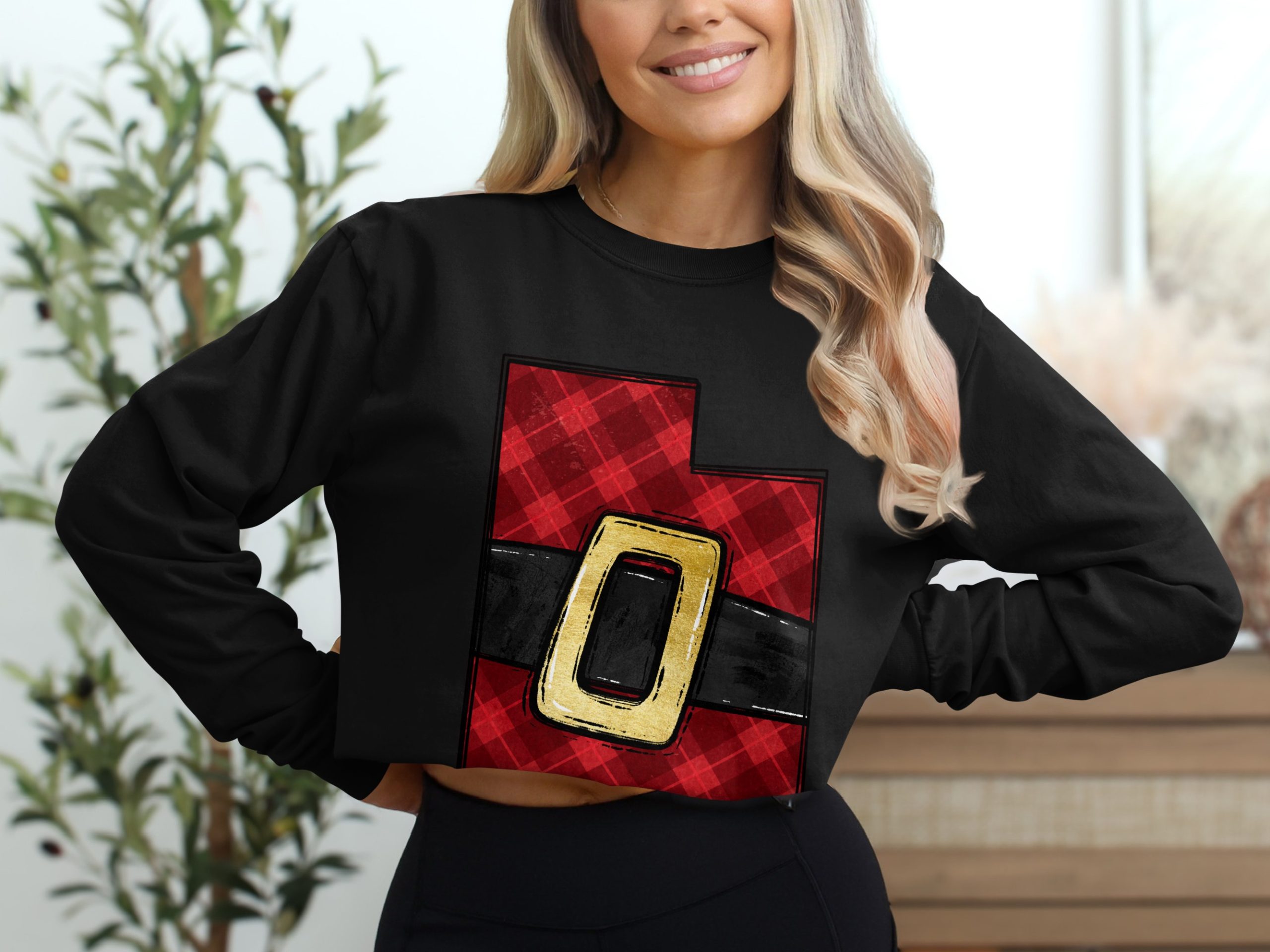 Utah Santa Belt Long Sleeve T-Shirt, Christmas Plaid State Tee, Holiday Apparel, Festive Utah Gift, Red Plaid Design, Utah Pride - Image 2
