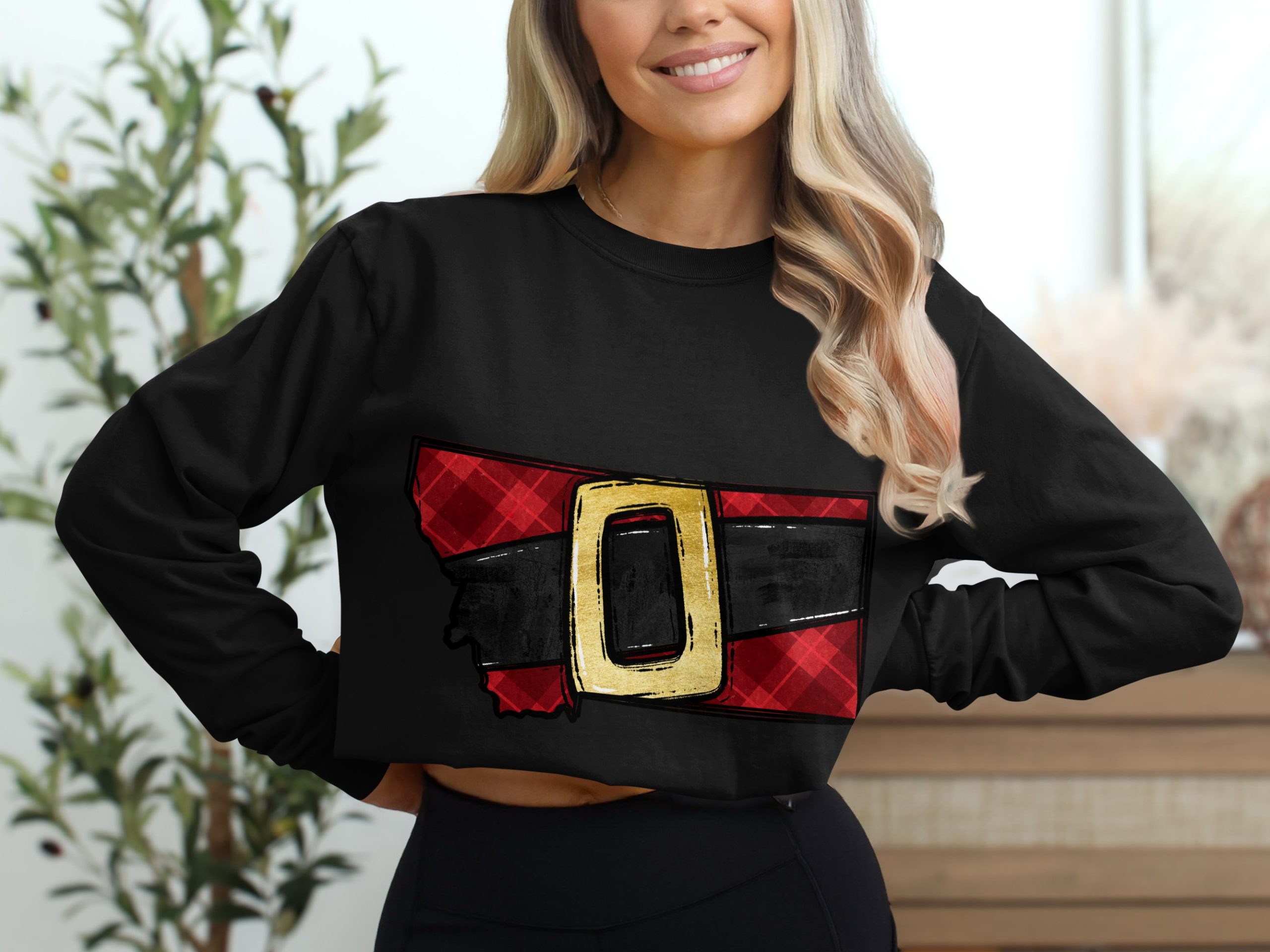 Montana Santa Belt Long Sleeve T-Shirt, Plaid Christmas Montana Shirt, Holiday Season State Pride, Winter Long Sleeve T Shirt - Image 2