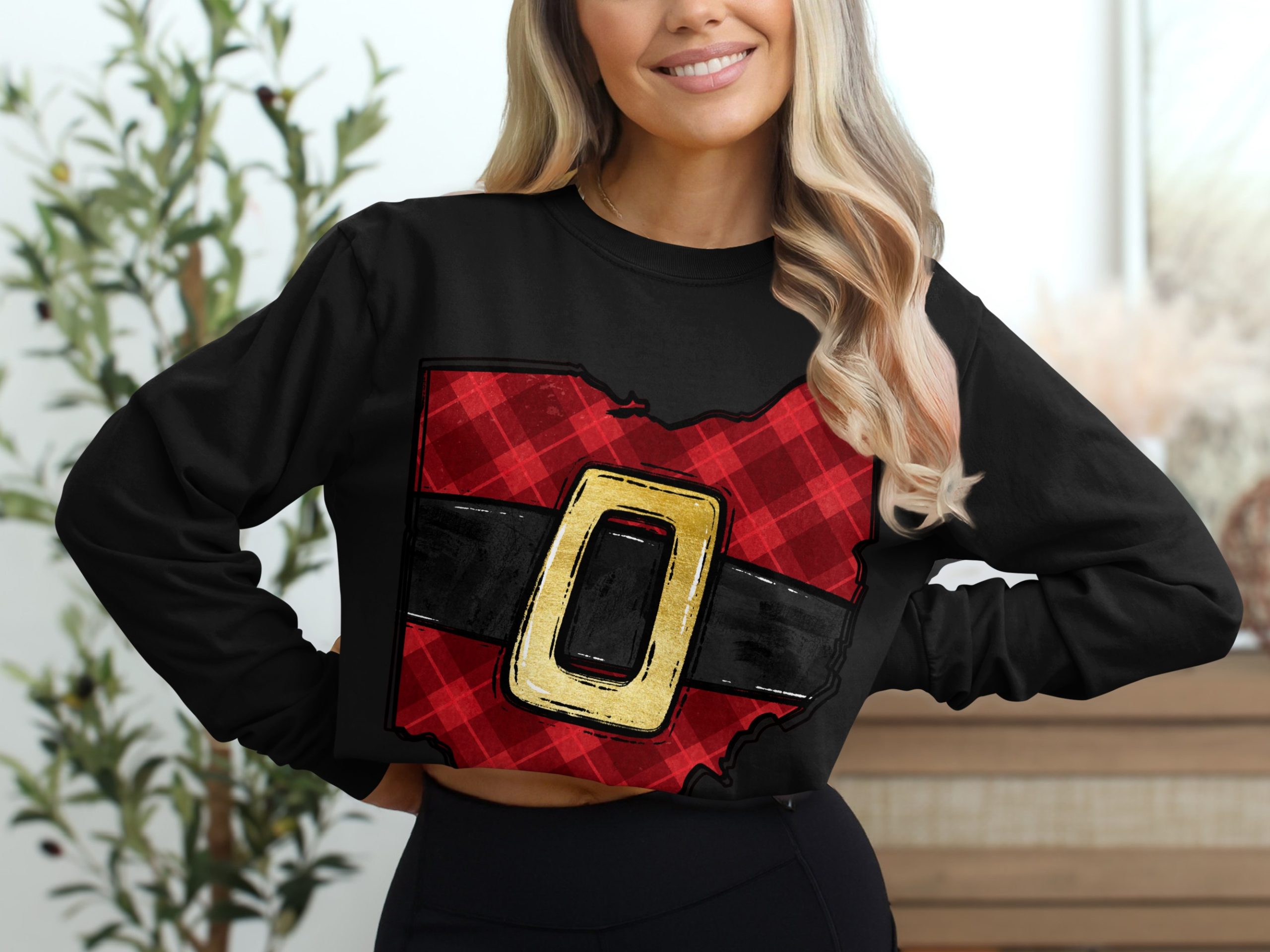Ohio Santa Belt Long Sleeve T-Shirt, Plaid Christmas Shirt, Holiday Gift, State Pride Apparel, Festive Winter Top - Image 2