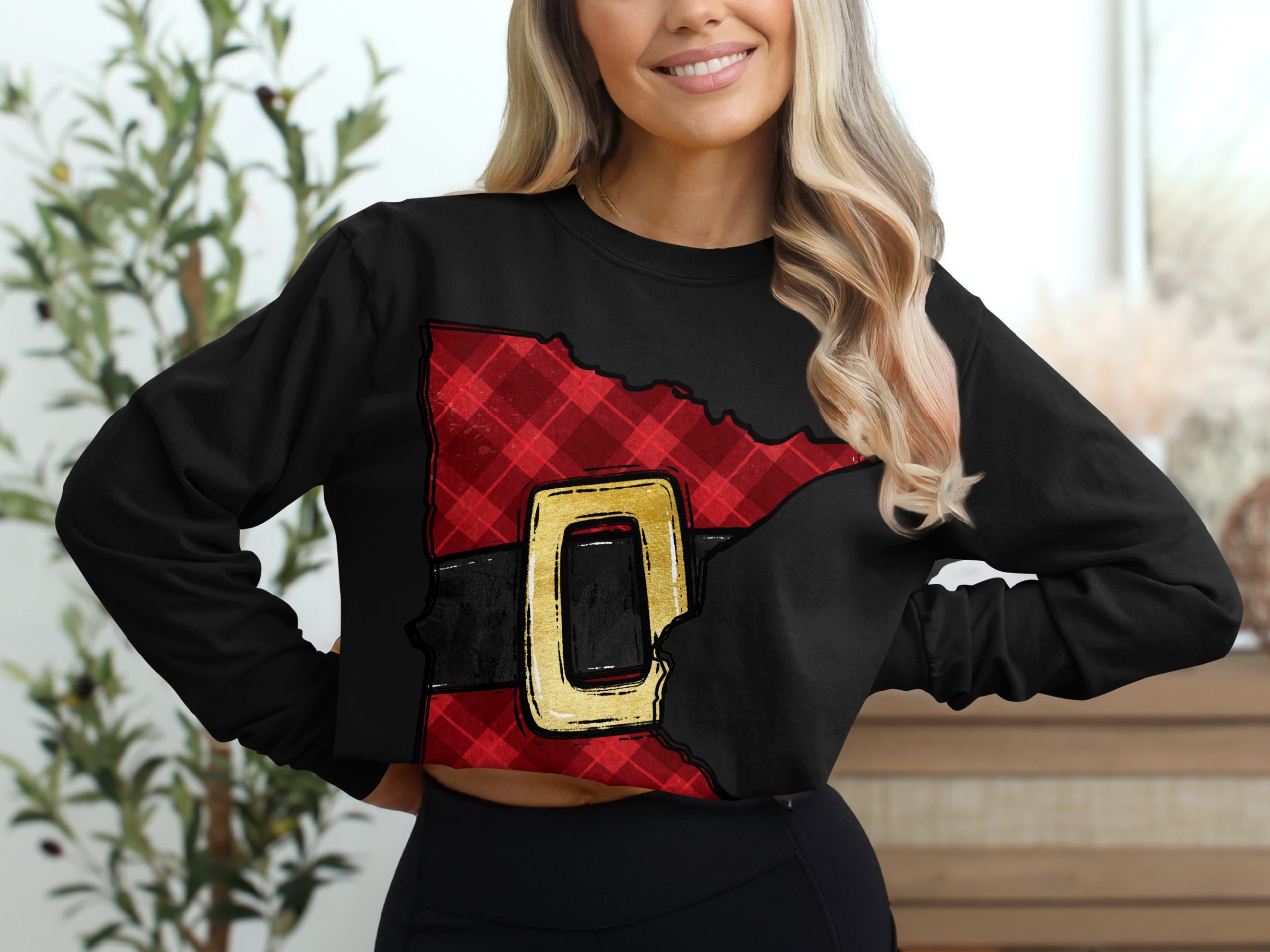 Minnesota Christmas Long Sleeve T-Shirt, Plaid State Santa Belt Apparel, Holiday Graphic Tee, MN Lover Gift, Festive Winter Clothes - Image 2
