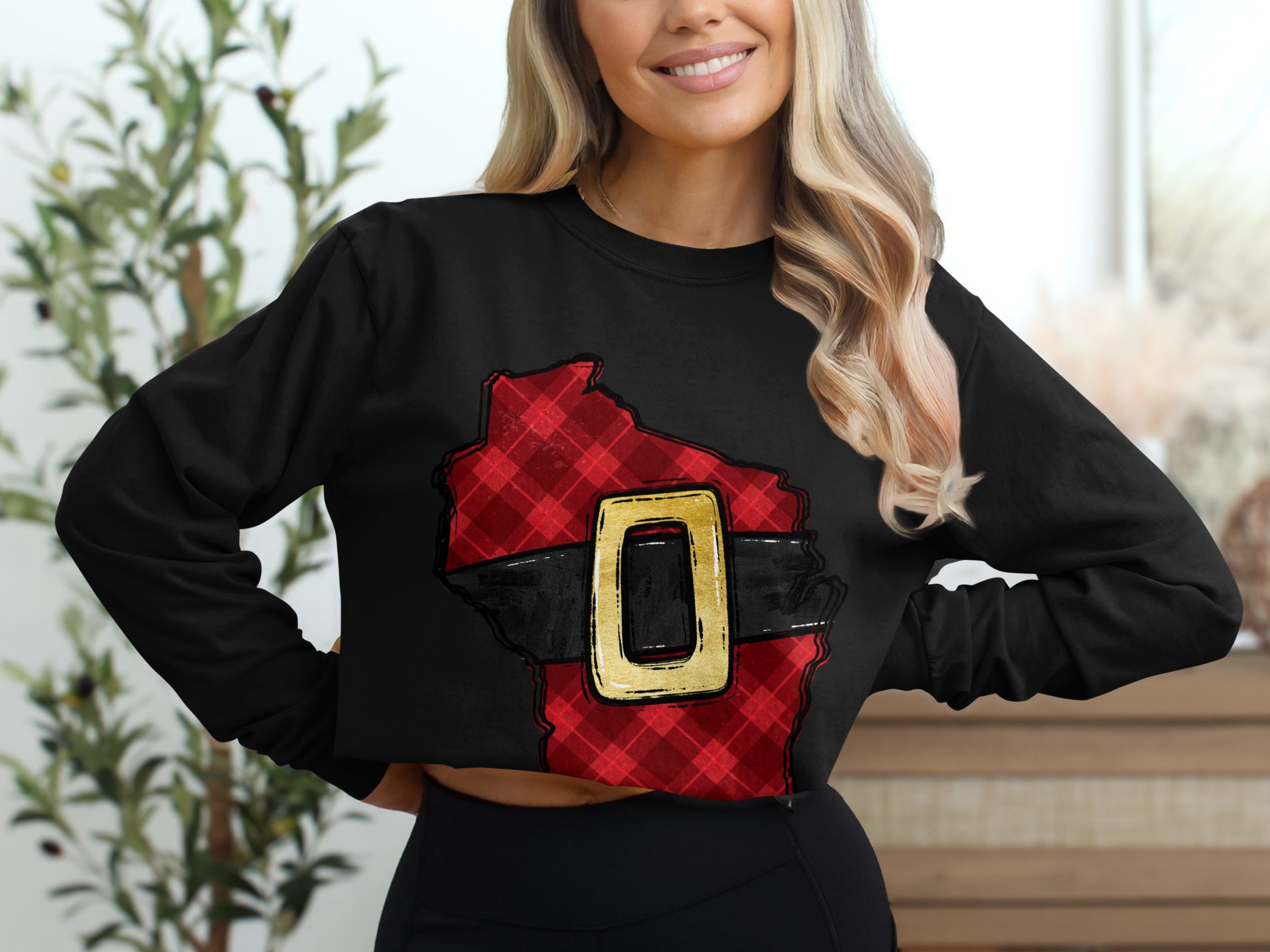 Wisconsin Santa Suit Long Sleeve T-Shirt, Plaid State Christmas Shirt, WI Santa Belt Tee, Festive State Pride, Holiday Gift Idea - Image 2
