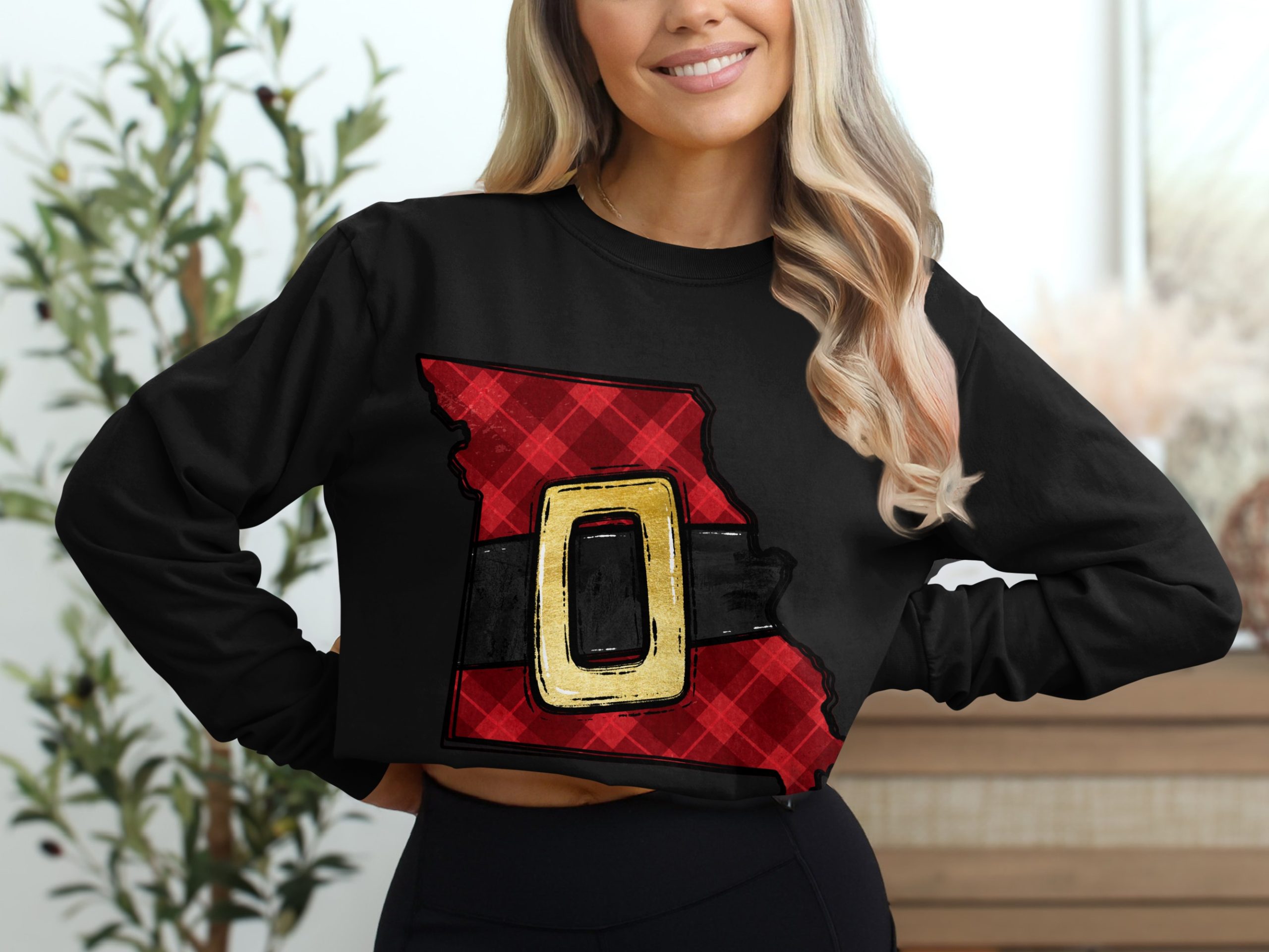 Missouri Christmas Long Sleeve T-Shirt, Santa Belt State Outline Tee, Plaid Holiday Shirt, Missouri Gift Idea, State Pride - Image 2