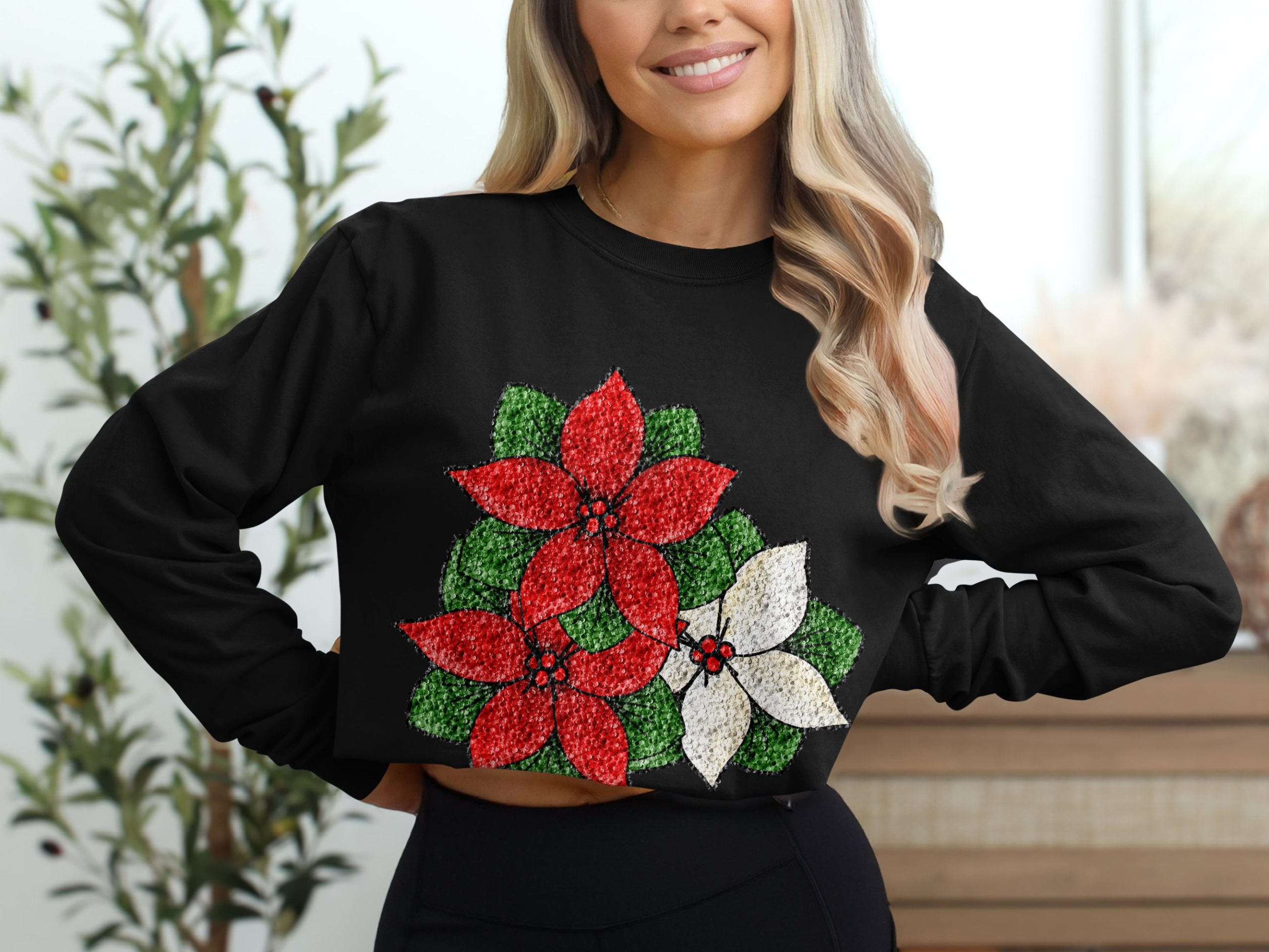 Poinsettia Long Sleeve T-Shirt, Christmas Flower Tee, Holiday Season Apparel, Winter Floral Shirt, Botanical Design - Image 2