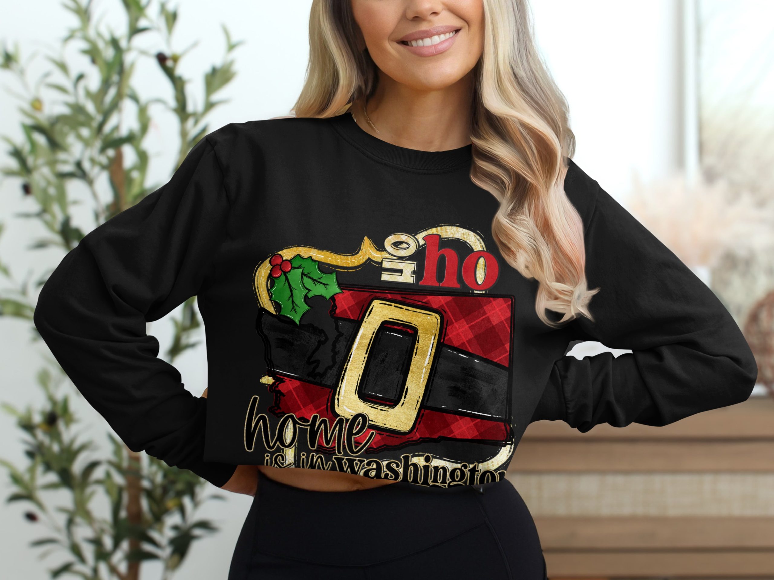 Home is in Washington Long Sleeve T-Shirt, WA Christmas Shirt, Washington State Santa Belt Gift, Holiday Outfit, Xmas Apparel - Image 2