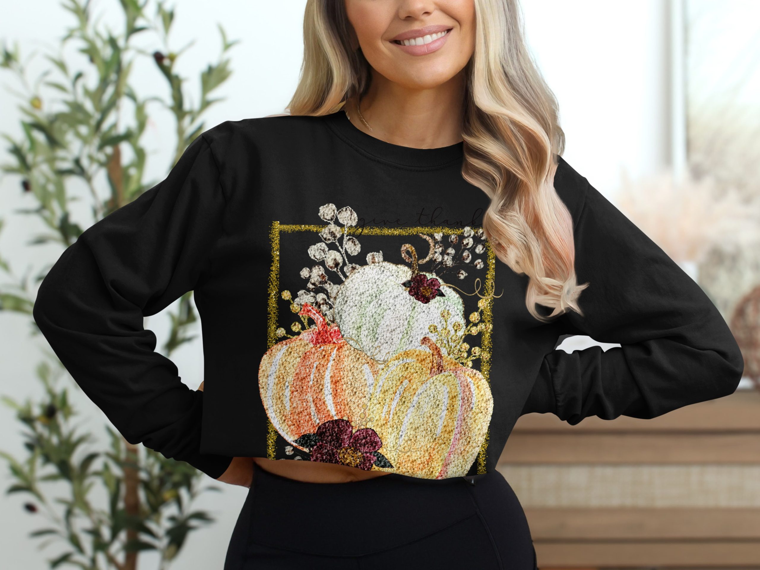 Give Thanks Long Sleeve T-Shirt, Thanksgiving Long Sleeve Shirt, Fall Shirt, Pumpkin T-Shirt, Autumn Shirt, Harvest Long Sleeve Tee - Image 2