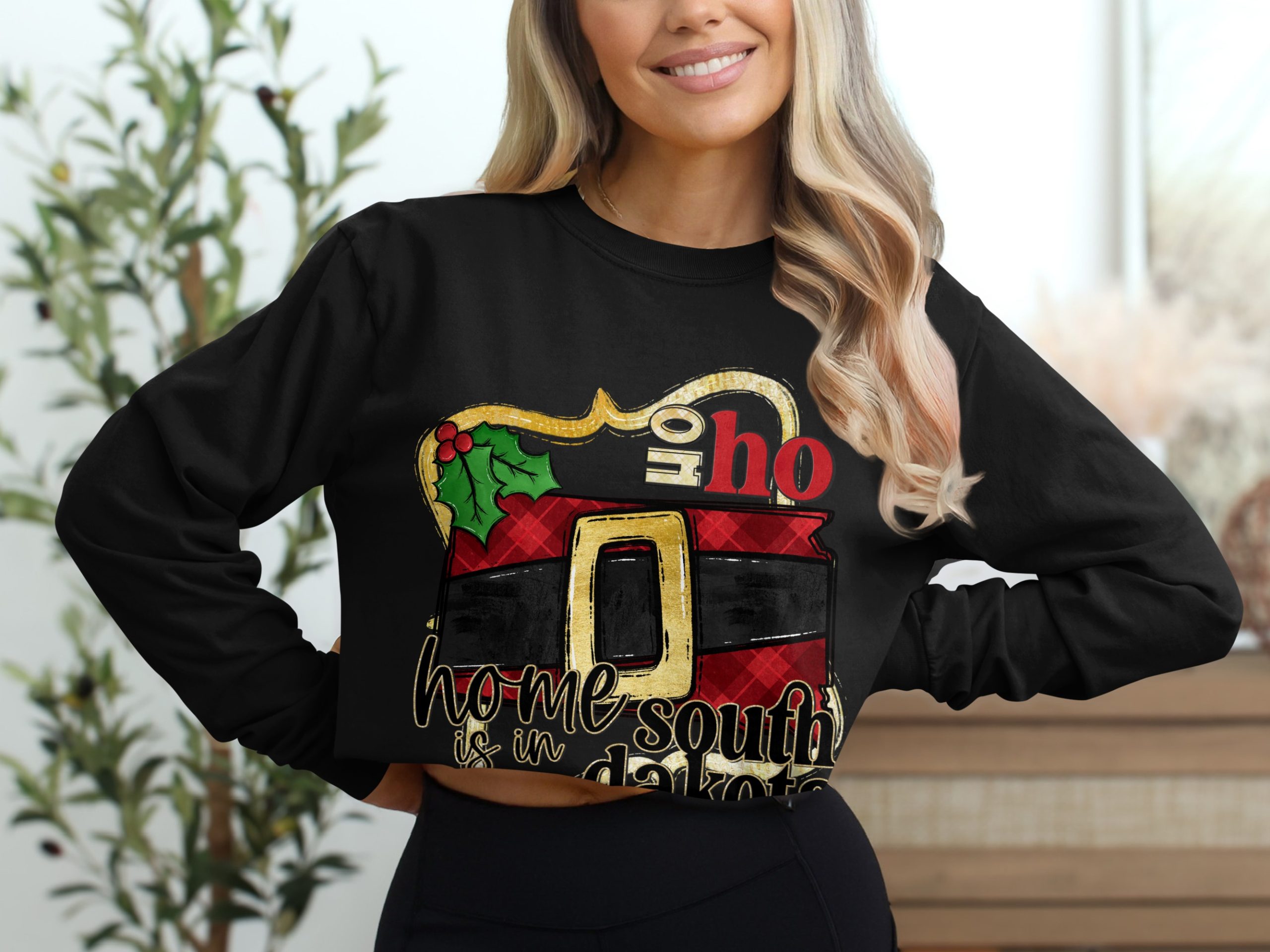 Home South Dakota Long Sleeve T-Shirt, Christmas Gift, Santa Belt, Ho Ho Ho, Holiday Apparel, State Pride, Winter Clothing, Festive Design - Image 2