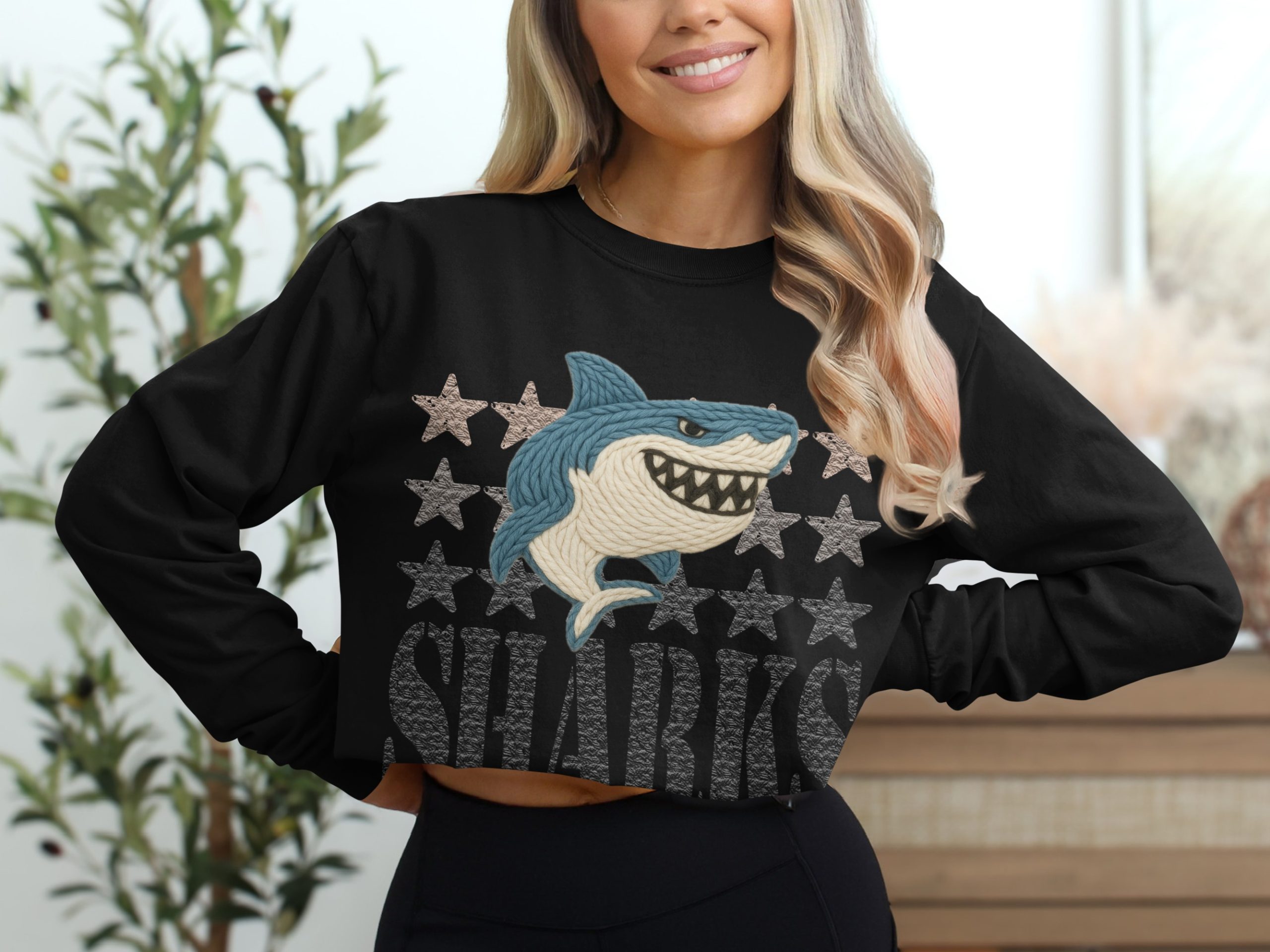 Sharks T-Shirt, Knitted Shark, Stars Tee, Cool Shark Design, Unique T Shirt, Sharks Fan Gift, Ocean Lover Tee, Summer T Shirt, Trendy Tee - Image 2