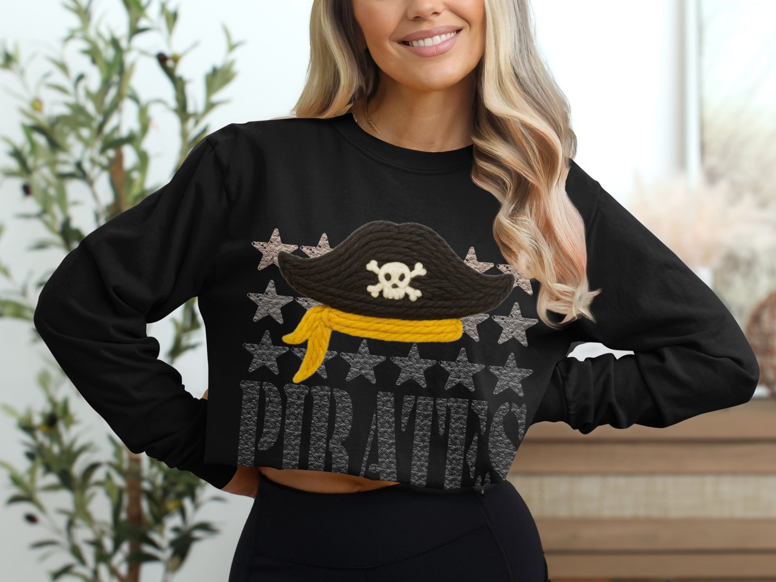 Pirates T-Shirt, Knitted Skull and Crossbones, Pirate Hat Tee, Starry Pirate Shirt, Unique Pirate Graphic Tee, Nautical Adventure T-Shirt - Image 2