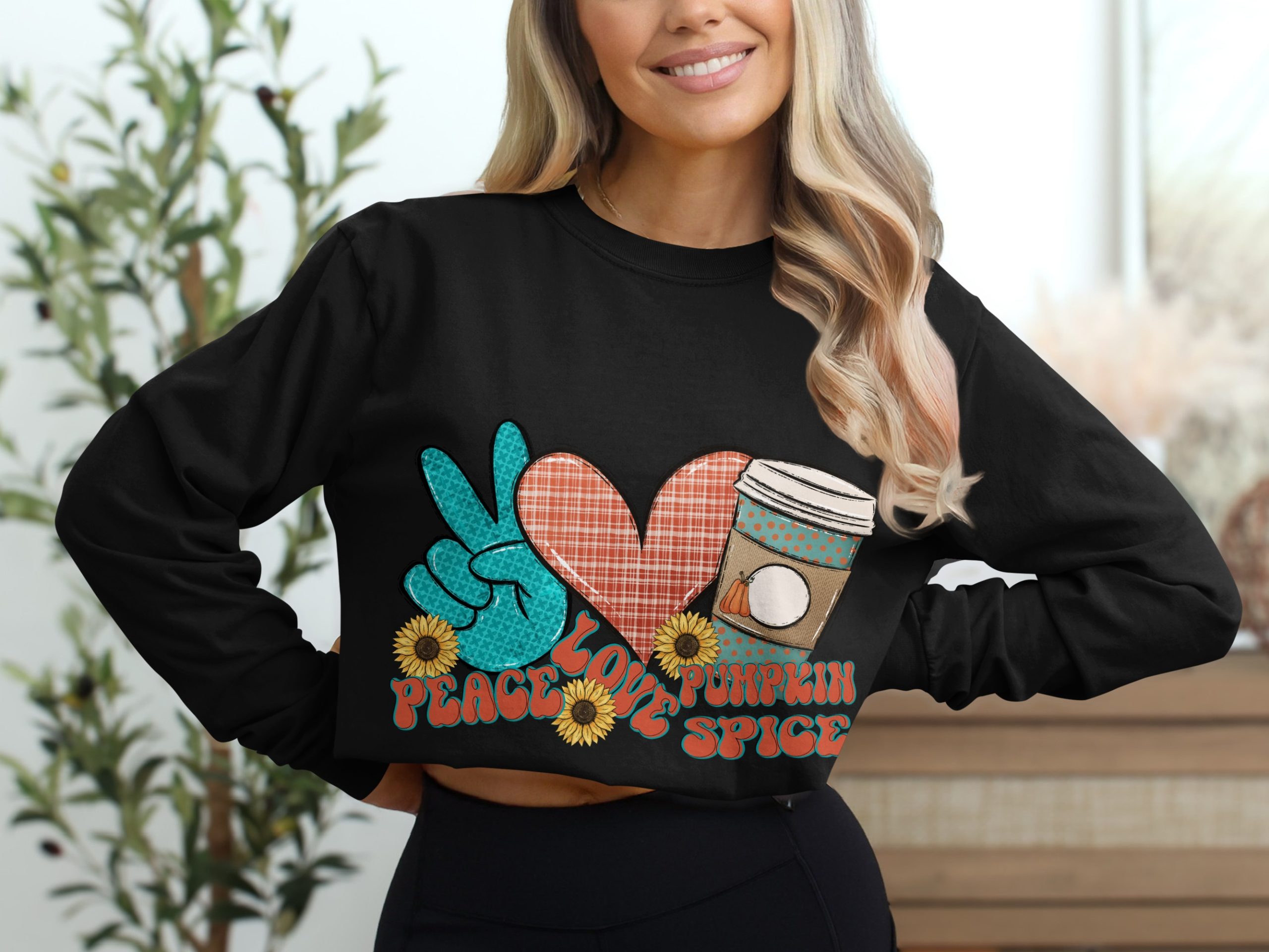 Peace Love Pumpkin Spice, Fall Long Sleeve T-Shirt, Autumn Long Sleeve Shirt, Coffee, Sunflowers, Trendy Shirt, Thanksgiving Outfit - Image 2