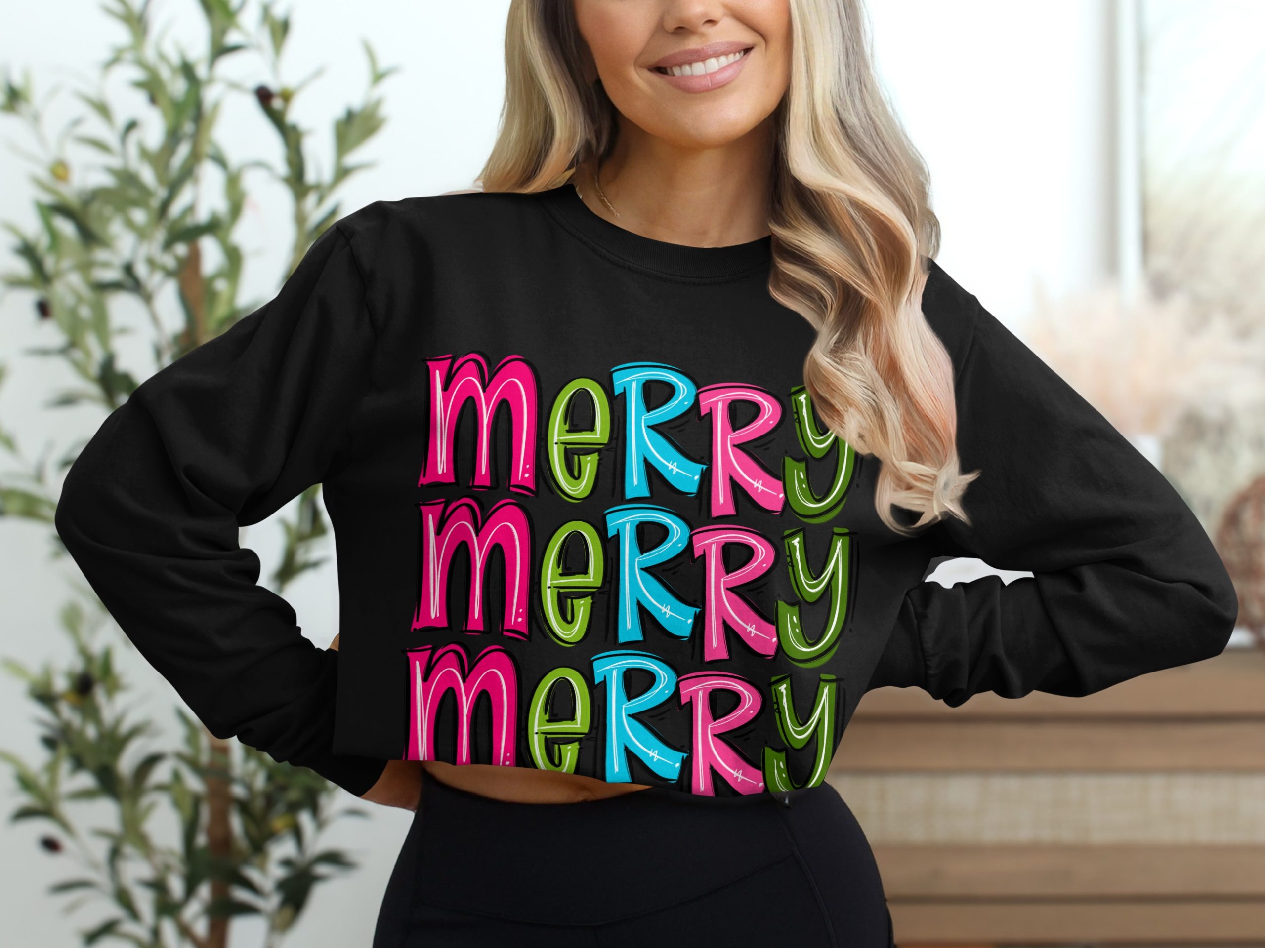 Merry Long Sleeve T Shirt, Colorful Holiday Shirt, Festive Long Sleeve Tee, Happy Christmas Shirt, Winter Season Shirt, Gift Idea - Image 2