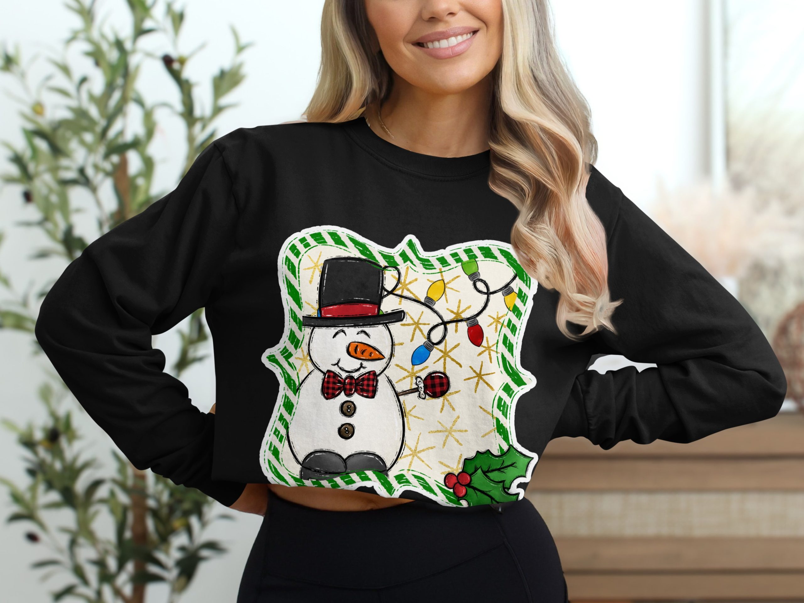Festive Snowman Long Sleeve T-Shirt, Christmas Lights Holiday Tee, Winter Season Top, Cute Snowman Graphic Shirt - Image 2