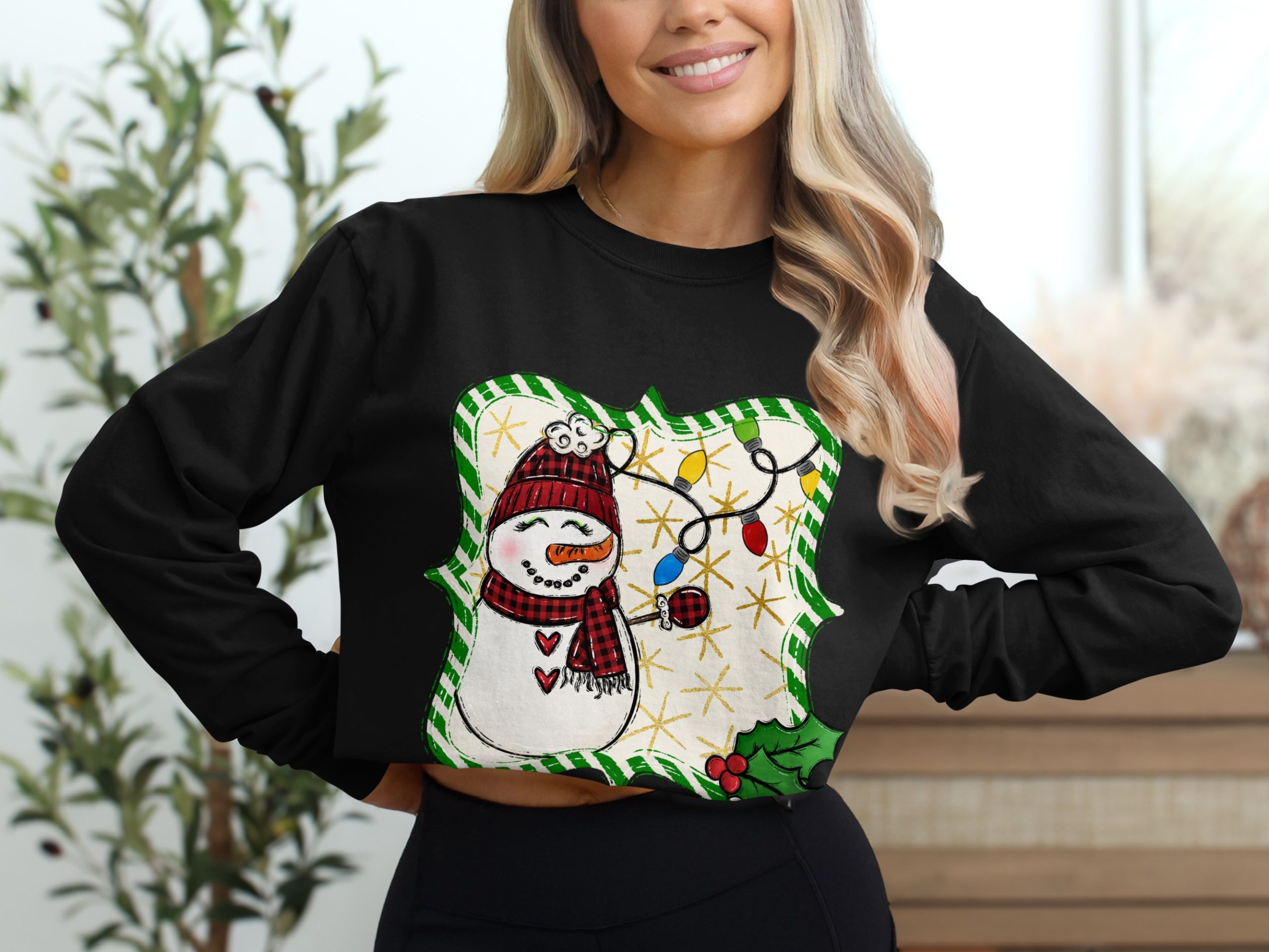 Cute Snowman Long Sleeve T-Shirt, Holiday Season Top, Christmas Lights Design, Winter Apparel, Festive Long Sleeve Shirt, Xmas Gift Idea - Image 2