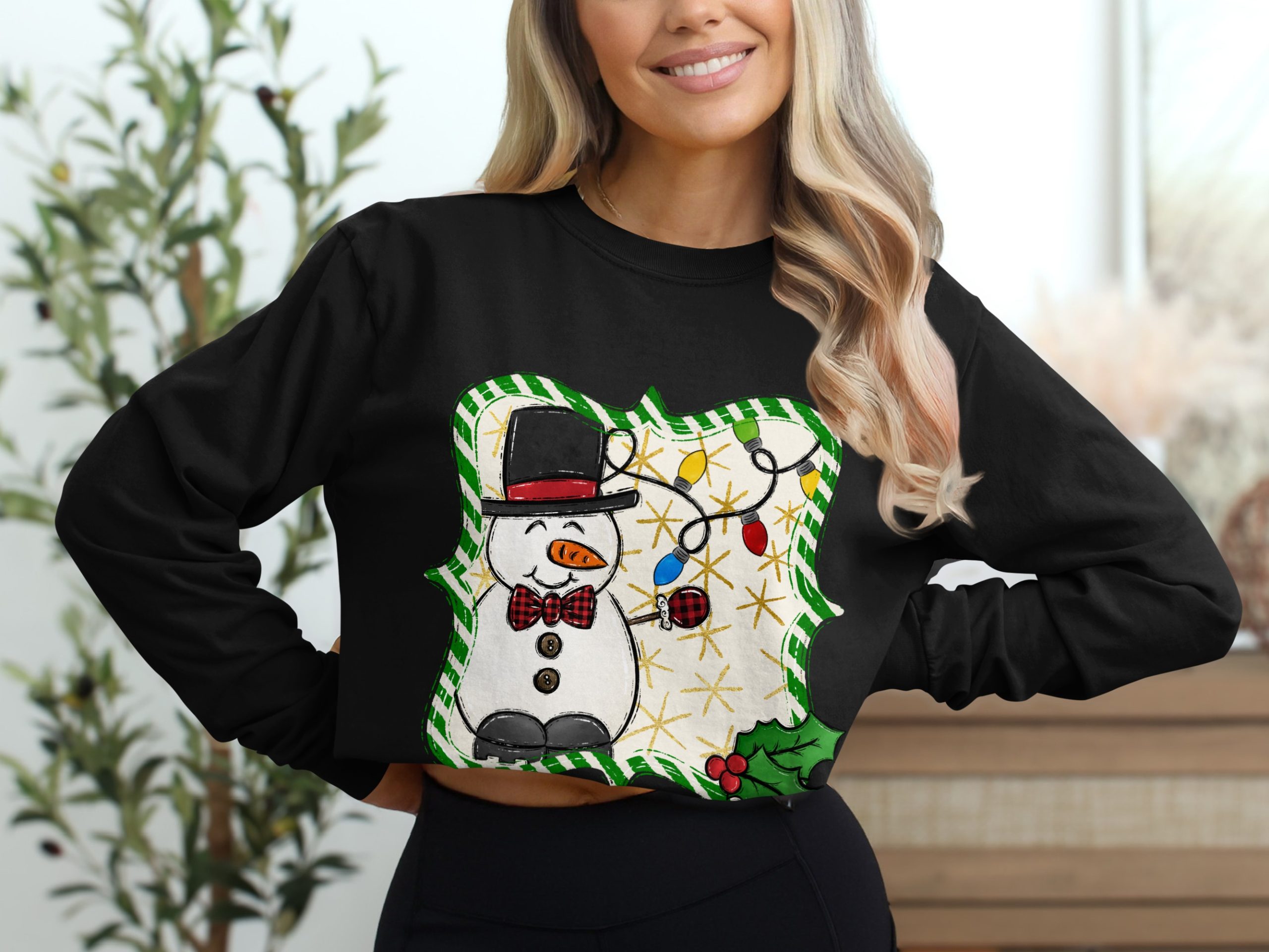Festive Snowman Long Sleeve T-Shirt, Holiday Lights Tee, Christmas Apparel, Winter Outfit, Cute Snowman Design - Image 2