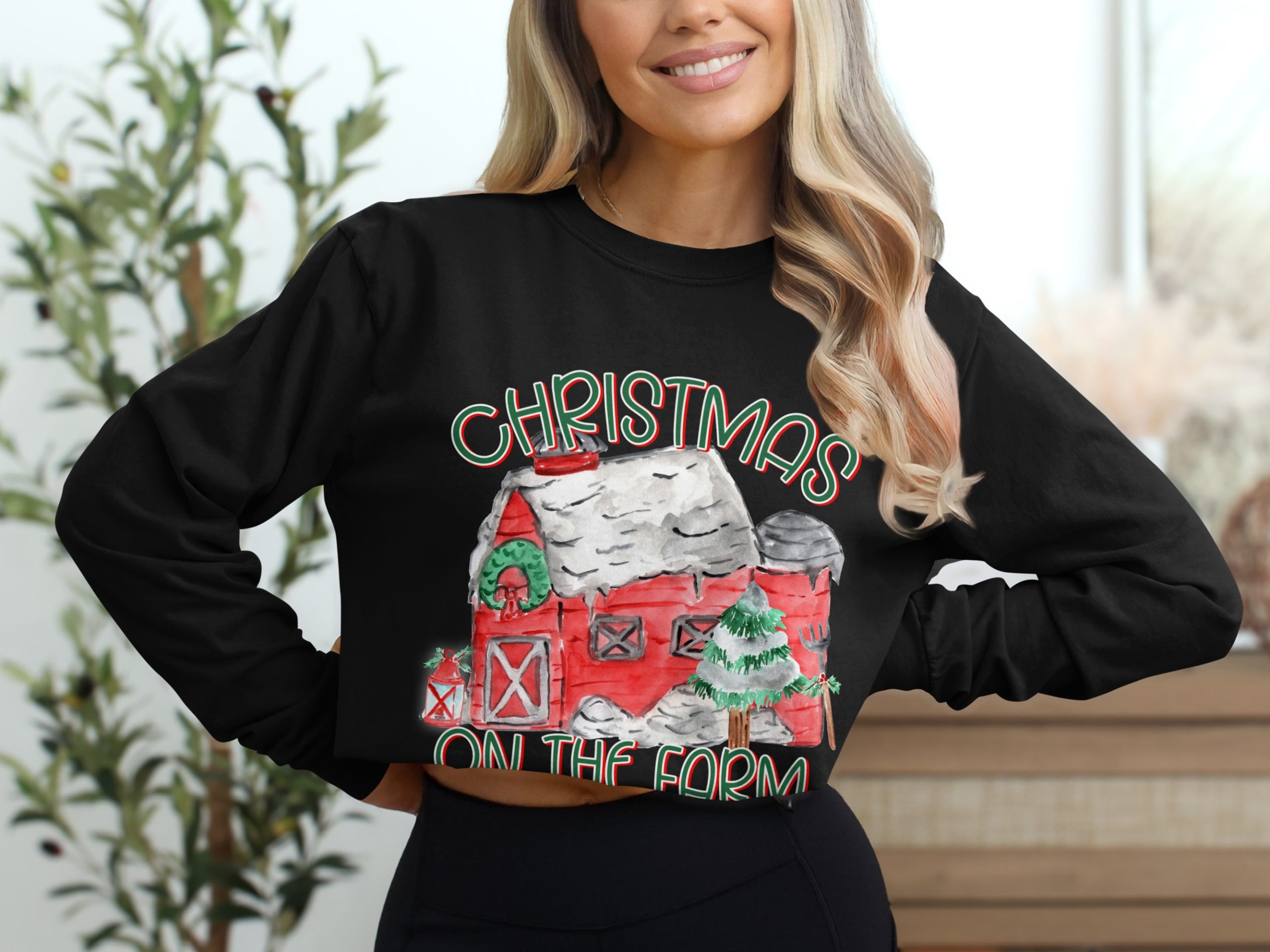 Christmas on the Farm Long Sleeve T-Shirt, Holiday Barn Tee, Festive Farmhouse Shirt, Winter Countryside Gift, Christmas Barn Design - Image 2